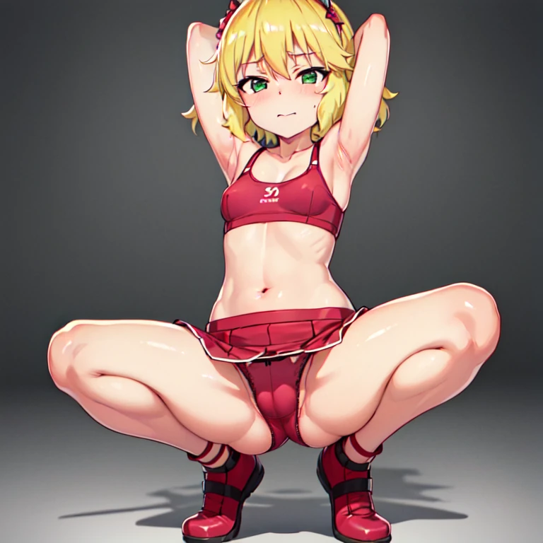 masterpiece, best quality, highres, sakurai momoka, 1girl, solo, busty, small breasts, blonde hair, sport bra, short skirt, garter, looking at viewer, full body, standing, simple background, (erotic pose:1.4), blush, flustered, (Crotch panties exposed:1.3), ((arms behind head, double armpits, crouching down, half-squat, Open the crotch before:1.3)), Half body, upper body, In the middle, symmetrical,