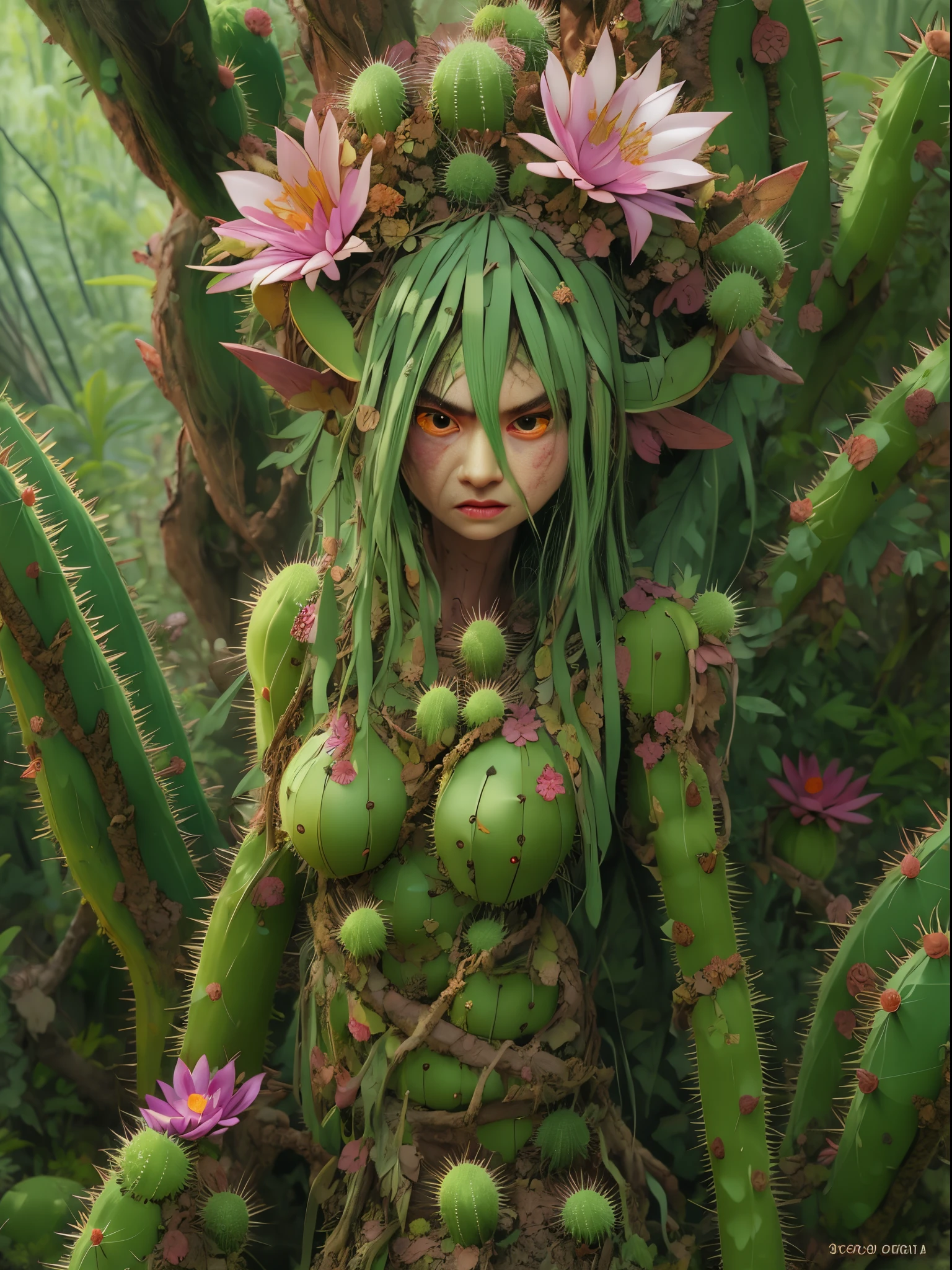 Angry cactus dryad in the forest. Cactus flowers， The face is very detailed, 詳細な目， Water on the face，Clothes made from leaves and bark.