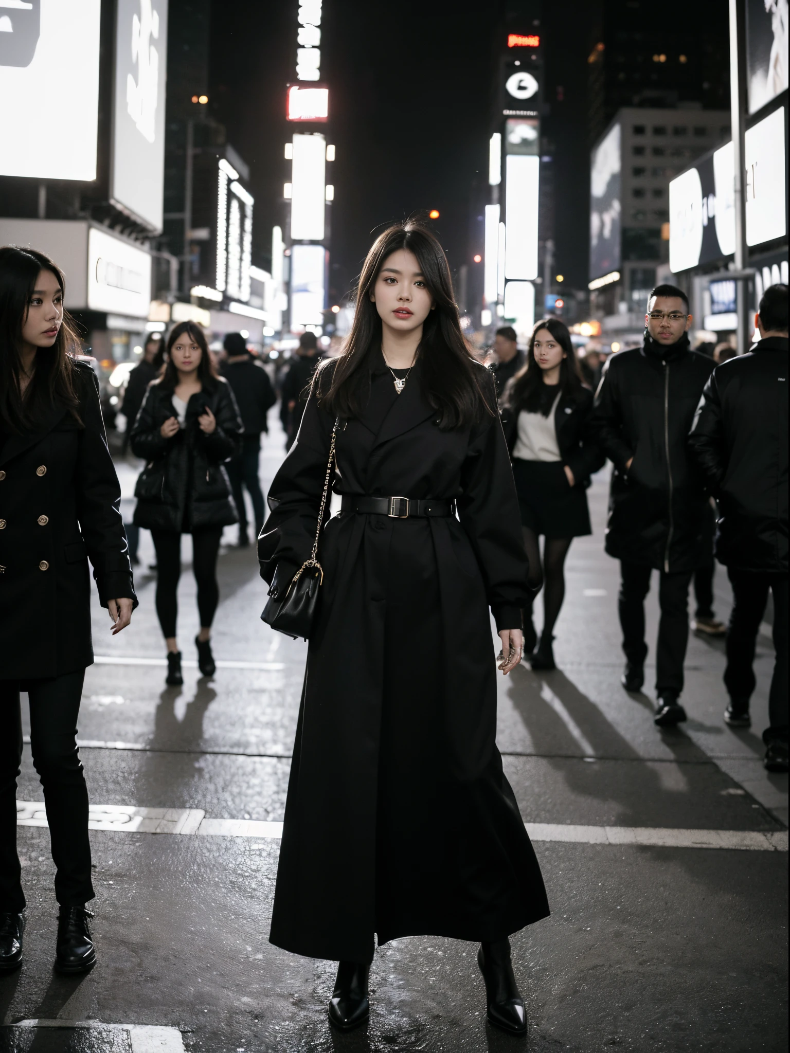 araffe swedish woman model walking down a busy city street in a dress, proportion of fashion models, a black and white photo, digital art, in time square, standing in time square, 4x5 styled street photography, street photo, street photography style, shot with hasselblad, shot on hasselblad, ((anamorphic lens)), (lens flare), CHANEL advertising, in times square, street photograph, street photography, kodak 400tx, mesmerizing, ((black and white photography)), (low key)