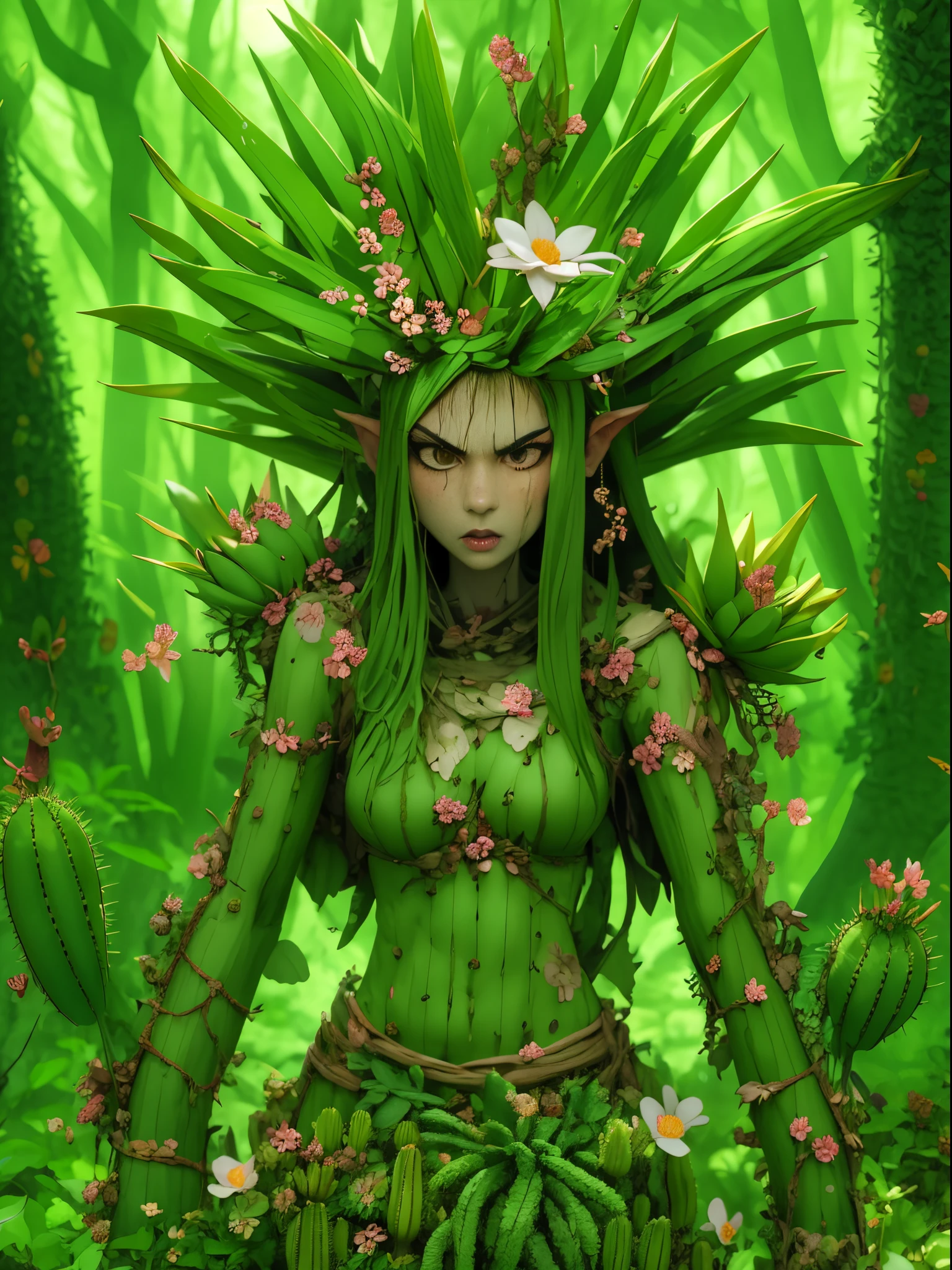 Angry cactus dryad in the forest. Cactus flowers， The face is very detailed, 詳細な目， Water on the face，Clothes made from leaves and bark.