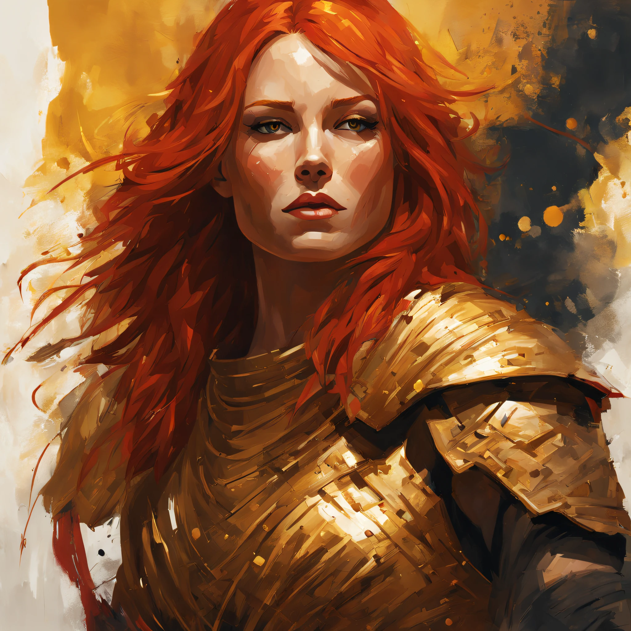 a beautiful warrior woman, with red hair, with golden flare, with a painting style done by David Aja, midjourney, 8k