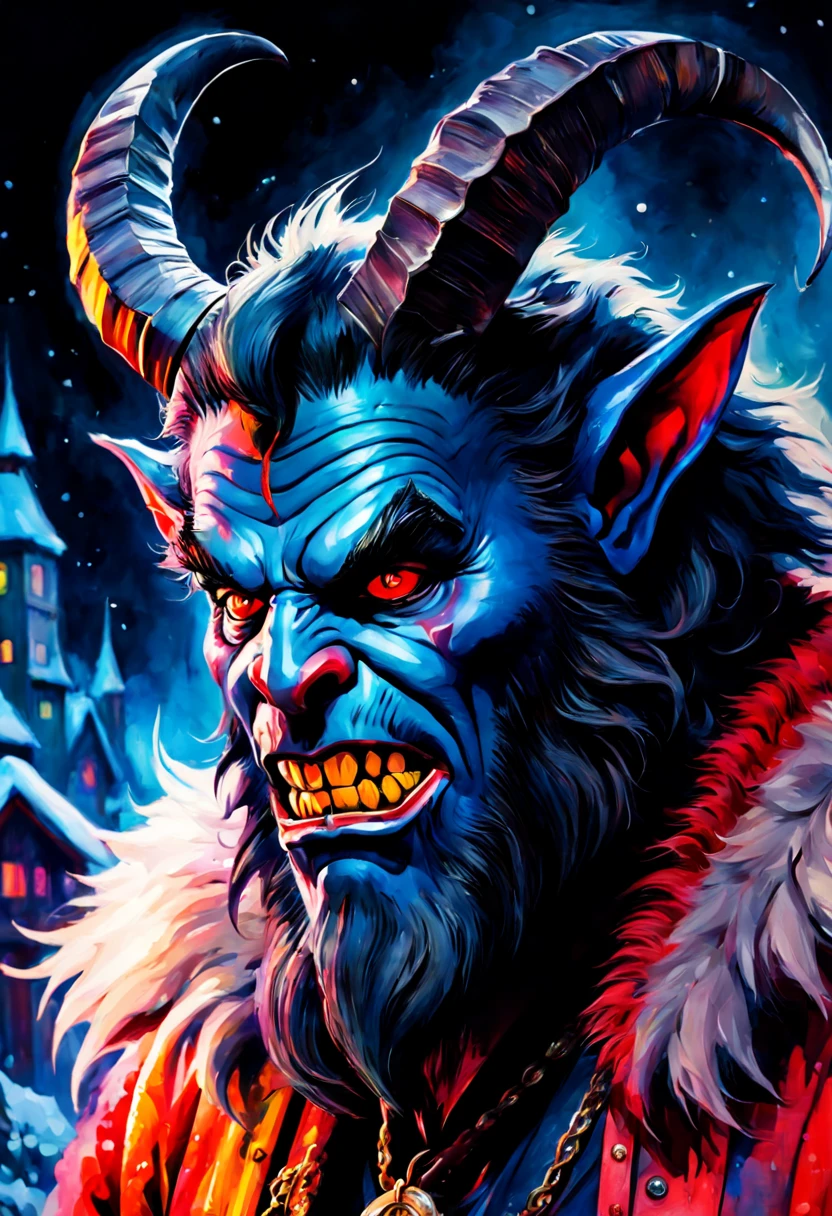 mj, cinematic, Krampus, 4k, Bob Peak, AI Midjourney, bright saturated colors, watercolor, oil paints, HDR, 500px, 4k,