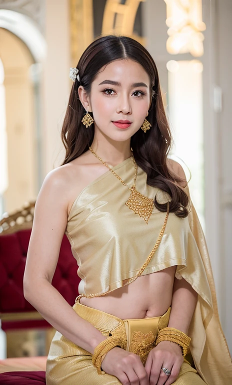 (10, raw photograph, Photoreallistic : 1,25), (lipgloss, Sil, gloss-face, oily shiny skin, beste-Qualit, ultra highres, deep depth of field, Chromatic aberration, caustics, Wide Lighting, Show kindness naturally, K-pop idol) About the audience'un bonheur serein et divin, Moroccan Princess Look ,large boobs, flat stomach, Revealing the belly, Traditional Thai costumes, Complete jewelry Can be seen all over, Sitting on the Thai castle throne