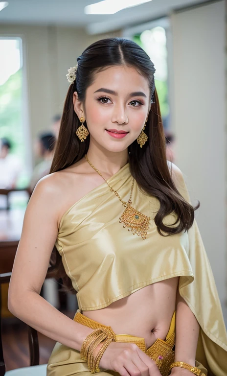 (10, raw photograph, Photoreallistic : 1,25), (lipgloss, Sil, gloss-face, oily shiny skin, beste-Qualit, ultra highres, deep depth of field, Chromatic aberration, caustics, Wide Lighting, Show kindness naturally, K-pop idol) About the audience'un bonheur serein et divin, Moroccan Princess Look ,large boobs, flat stomach, Revealing the belly, Traditional Thai costumes, Complete jewelry Can be seen all over, Sitting on the Thai castle throne