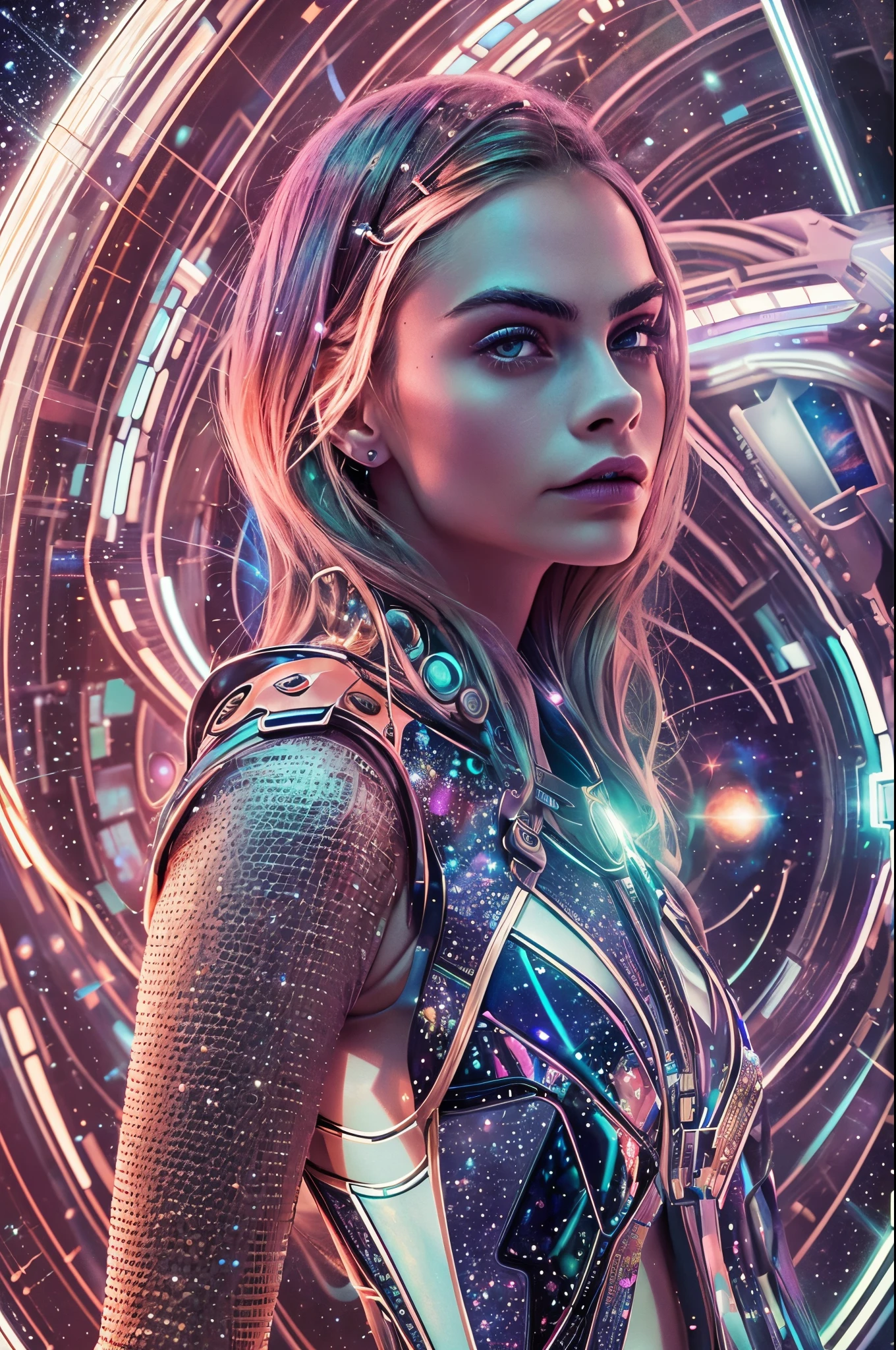 "Generate an AI-powered masterpiece featuring Cara Delevingne in a futuristic space setting. Envision her in an outfit that seamlessly blends futuristic fashion with elements inspired by the cosmos. Picture her surrounded by a celestial backdrop of swirling stars and cosmic lights, creating a visually stunning interplay of grace and the wonders of space. Capture her figure in a pose that exudes both elegance and a sense of weightlessness, as if she is navigating the cosmos with effortless poise. Utilize a color palette that combines sleek metallics with cosmic hues, evoking the futuristic ambiance of the scene. The final image should be a captivating portrayal of Cara Delevingne, gracefully navigating the boundless beauty of a futuristic cosmic landscape."