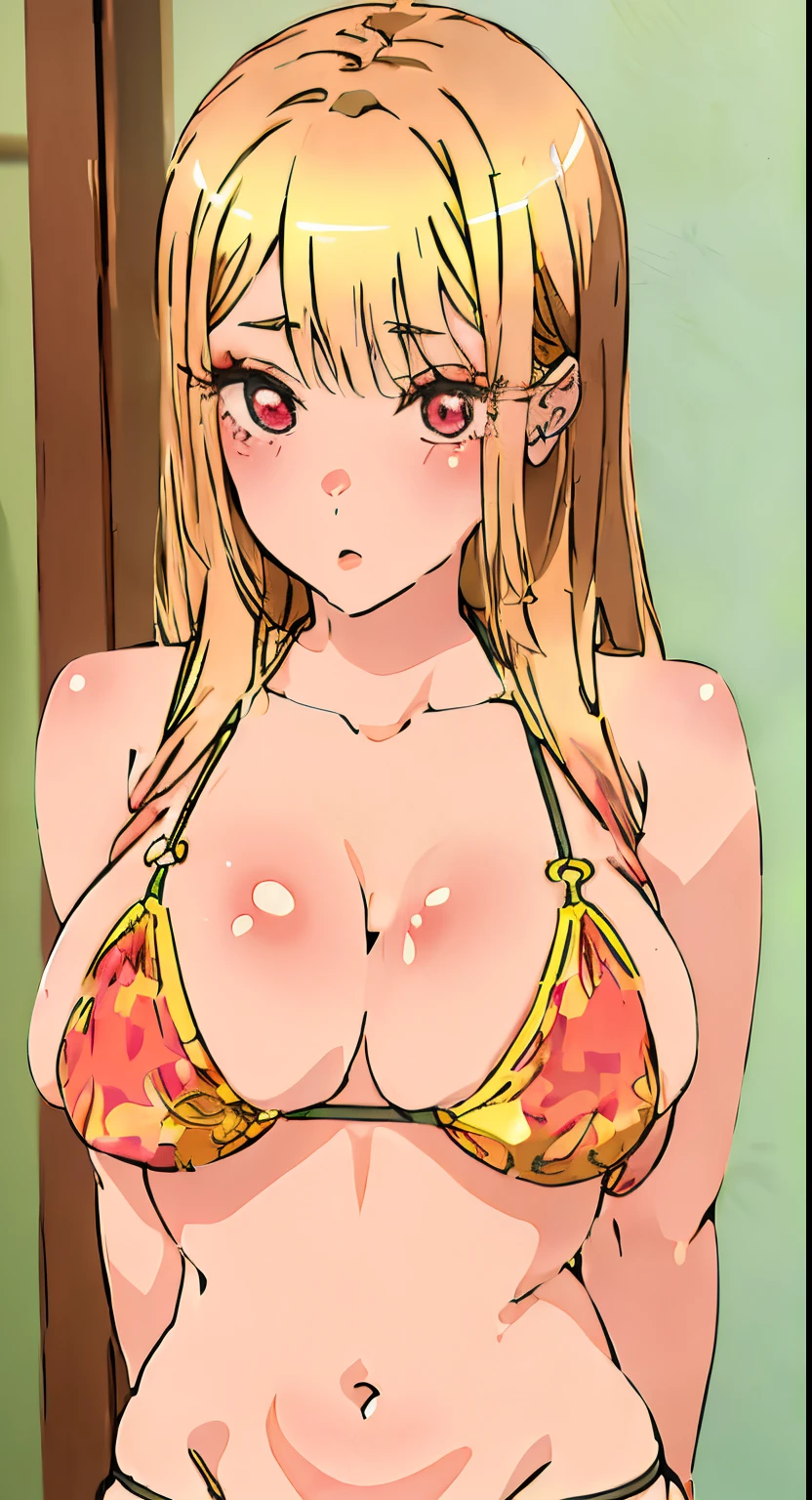 1-girl, huge boobs, small black floral bikini, long hair, navel, pink nailpolish, coral colour lips(2.0), red eyes, blonde, pink hairtips, gorgeous, masterpiece, dim lighting, shy, sunlight, warm atmosphere, High resolution, thin outline, hyper detailed eyes hyper detailed, ultra setailed