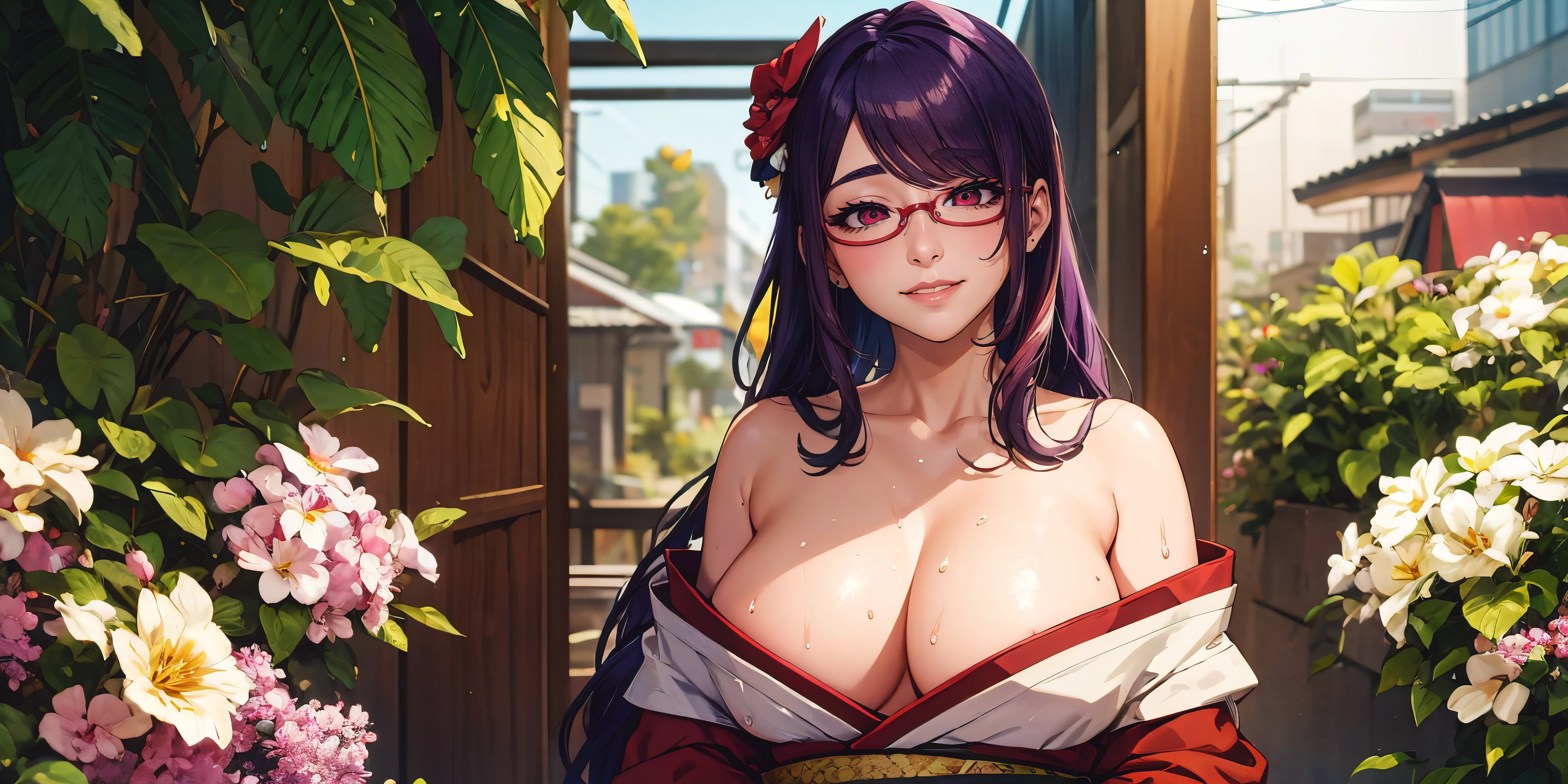 anatomically correct, best quality, masterpiece, high quality, high details, highres, HD, (shaded face:1.2), hollow eyes, black sclera, red eyes, looking at viewer, heavy breathing, smirk, upper teeth, lips, glasses, purple hair, long hair, huge breasts, sweating, wet, a woman in a kimono is posing for a picture, a character portrait, pixiv, ultra detailed game art, close up of a young anime girl, neo tokyo background, avatar image