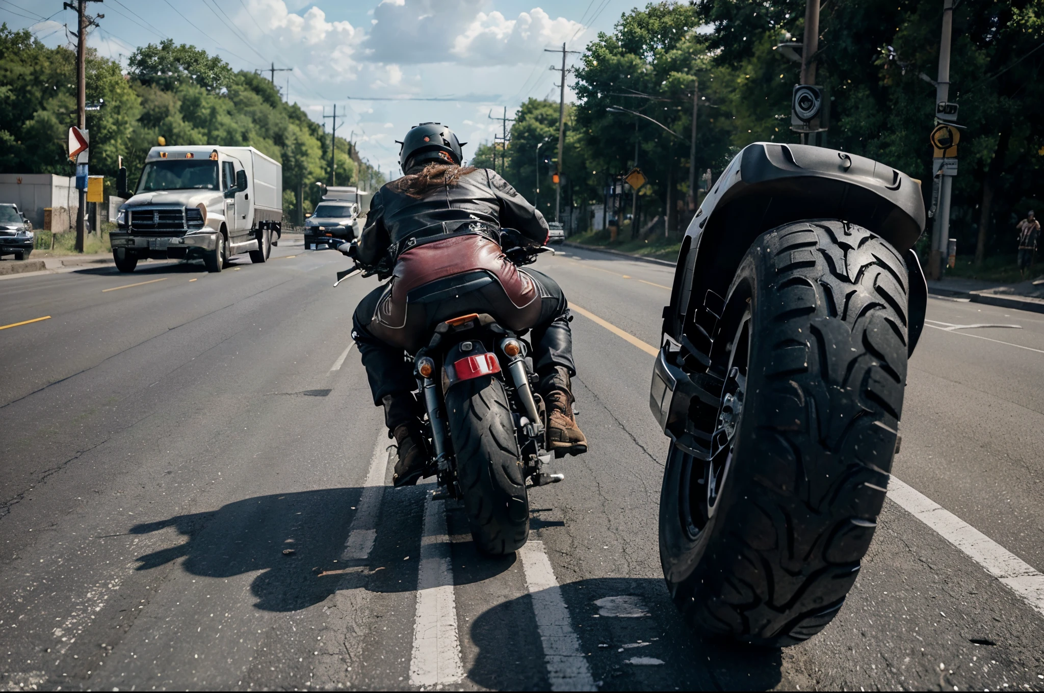 In the collision scene, imagine a busy city street on a cloudy day. A sleek and powerful motorcycle, painted in a vibrant red, is speeding down the road. The rider is wearing a black helmet and leather jacket, gripping the handlebars tightly. The motorcycle's engine roars as it accelerates.

On the opposite side of the road, a massive, silver truck is making a left turn, its tires screeching as it maneuvers. The truck is considerably larger than the motorcycle, with a massive grille and several compartments on its trailer. It's a typical delivery truck you'd see on the streets.

The collision is about to occur at the intersection. The motorcycle is headed straight for the truck's side as it attempts to make the turn. The motorcycle's front wheel is almost touching the truck's side, and the rider looks terrified, trying to slam on the brakes and steer away, but it's too late.

Debris flies into the air as the motorcycle collides with the truck's side with a loud and devastating crash. The motorcycle is crushed, and the rider is thrown into the air, mid-air in a chaotic pose. The truck's side is dented and damaged from the impact, and bystanders are shown reacting in shock and horror as they witness the collision.

The scene is filled with a sense of urgency, chaos, and impending danger, frozen in a moment of collision. Keep AR 16:9, 8k, photo realistic
