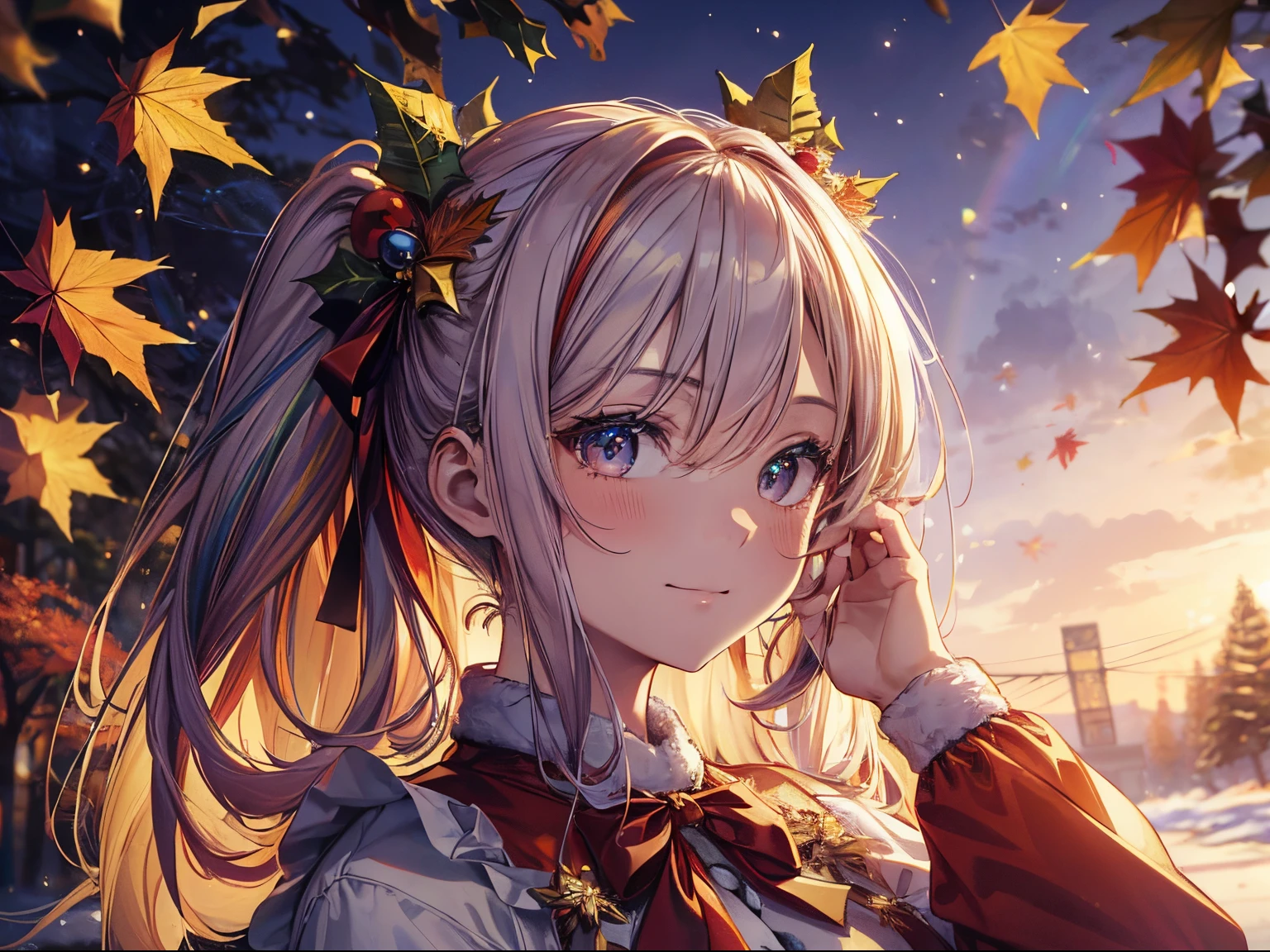 (Santa Claus Costume:1.3), (Autumn leaves:1.3),(masutepiece:1.3), (8K, Photorealistic, Raw photo, Best Quality: 1.4), Beautiful face, (Realistic face), Beautiful detailed eyes, (Realistic skin), Attractive, Intricate details,Golden ratio, 1 girl,Naughty smile, (rainbow hair:1.4),((Long twintails,Ribbon 1.4)),(Blue butterfly hair ornament),Golden light、rainbows、Heaven、angelicales、Deities、Luz Divina(masutepiece:1.3), (8K, Photorealistic, Raw photo, Best Quality: 1.4), Beautiful face, (Realistic face), Beautiful detailed eyes, (Realistic skin), Attractive, Intricate details,Golden ratio, Christmas tree、Christmas and Autumn、Santa Claus in a hurry、Dynamic Pose,Dynamic Angle,Intricate details, Hyper realistic