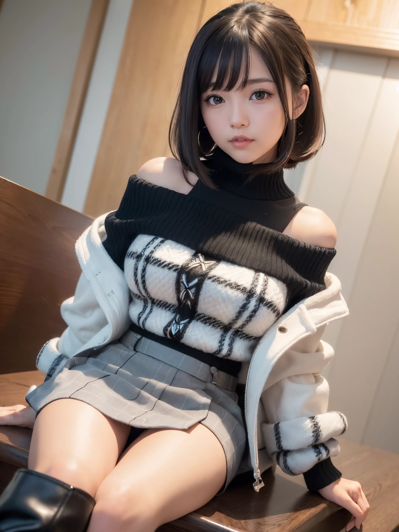 ((masutepiece)), ((Best Quality)), (Ultra-detailed), ((kawaii)), Cute, (lovely), ((Extremely detailed)), 4K, (8K), Best Quality, (Beautiful), Realistic, Real, Dynamic Angle 0, Front view,a Japanese young pretty woman, atlibrary, Daytime, Looking for the book of your choice,Glamorous figure ,Long bob hair ,1girl in, Solo, BREAK,(big white jacket:1.3), (Black-off shoulder sweater:1.3), (Grey checked mini skirt:1.3), (Black boots:1.3), (Shoulder bag:1.3),Cowboy Shot,Beautiful eyes, large full breasts, A big smile, hyper cute face, Glossy lips, double eyelids for both eyes, Natural makeup, shiny smooth light brown hair of a long bob hair, asymmetrical bangs, High resolution, high detailing, detailed hairstyle, Detailed face, Cinematic lighting, Octane Rendering, Hyper realistic, Perfect limbs, Perfect Anatomy