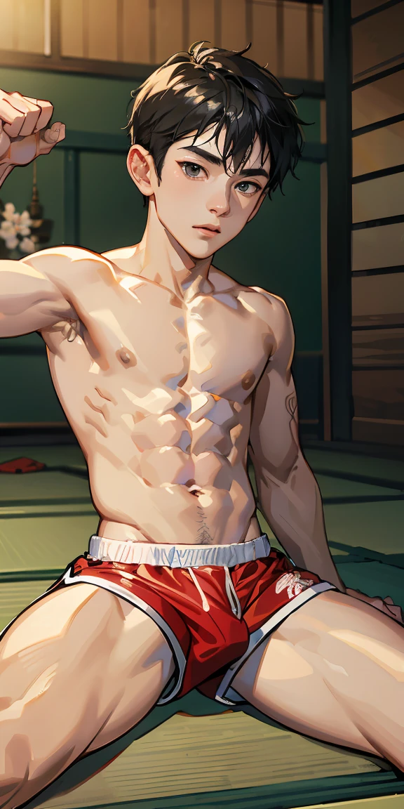 (masterpiece, Best Quality),The whole body of boy, boy, sit on tatami, Muay thai, tiny shorts, white shiny shorts, bulge, topless