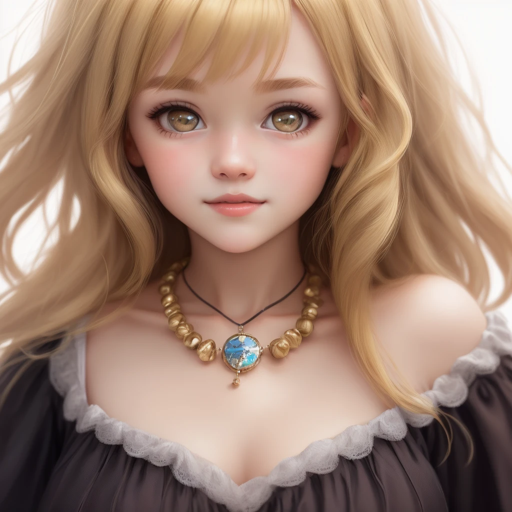 3 year old girl, (((Front position, Symmetry))) Stuffed animal necklace, Soft portrait image 8k, Light beautiful big eyes, (((Hazel eyes))), dark, wavy hair with bangs, by Lilia Alvarado, Adorable digital painting, a pretty girl, beautiful girl picture, Close-up selfie, Medium soft light image, Beautiful selfie, Soft picture light, Portrait of a cute girl, Realistic selfie, (((blonde hair))), Delicate dress, (((whitebackground)))