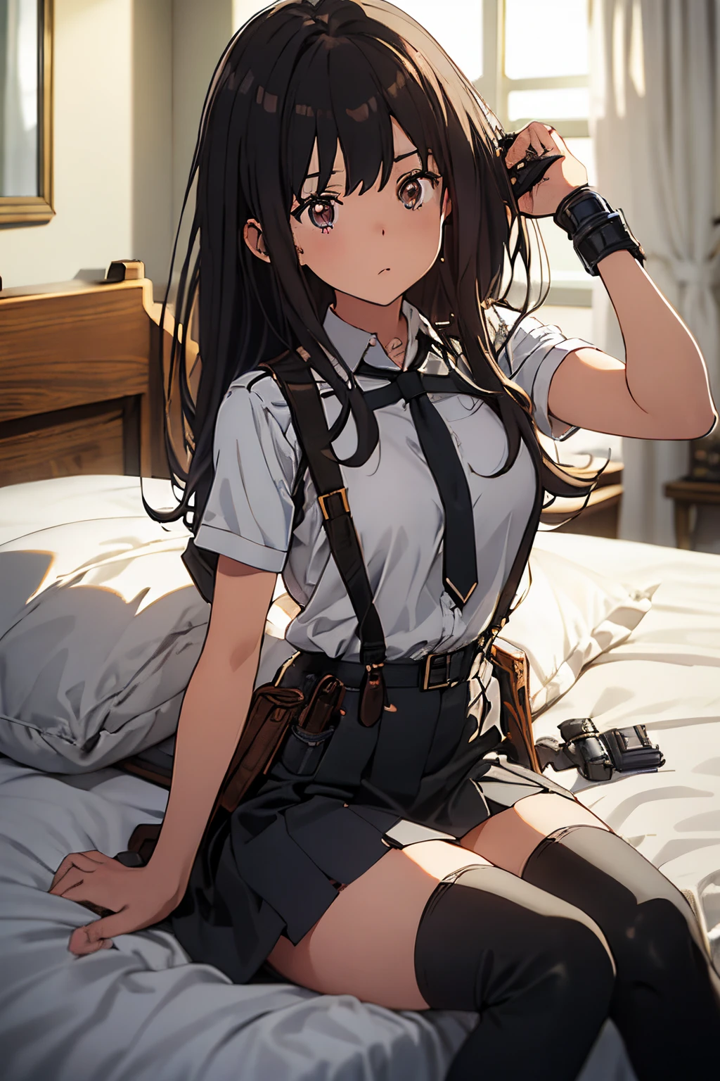 masterpiece、flat-colors、depth of fields、lens flare 1 girl、、Brown hair、watching at viewers black suspenders Bulging big breasts walls: Black miniskirt garters Gaze Small face bangss holster Belt Armament Beautuful Women srestrained hands up Lying in bed Leg holster lying on the bed Side view boots