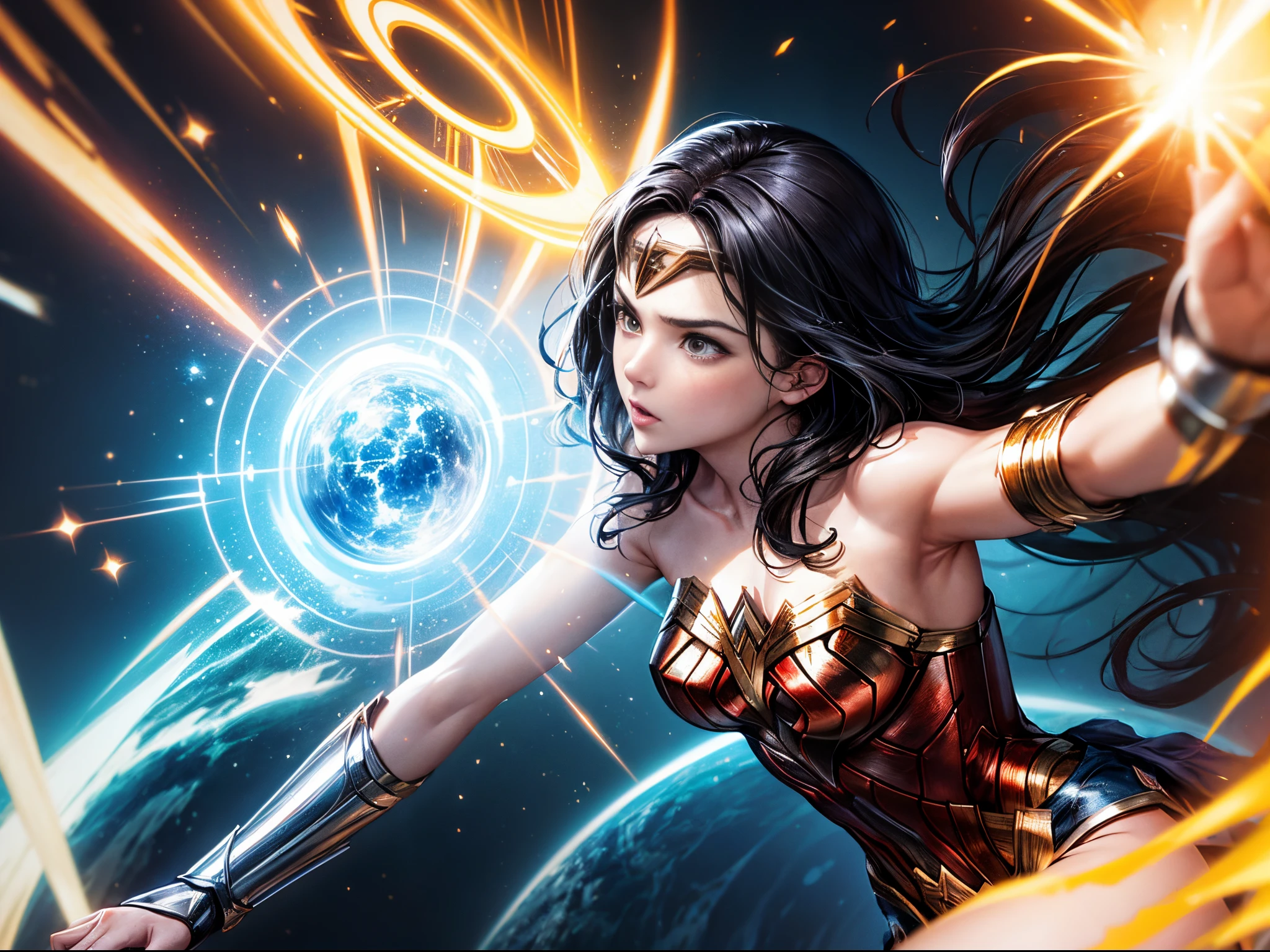 Capture the dynamic energy of Wonder Woman in a state of flux, with multiple iterations in motion, creating a visually dynamic and captivating composition within Plex.