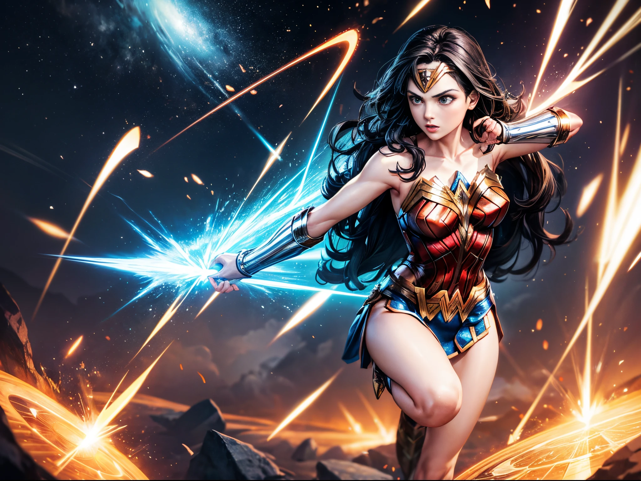Capture the dynamic energy of Wonder Woman in a state of flux, with multiple iterations in motion, creating a visually dynamic and captivating composition within Plex.