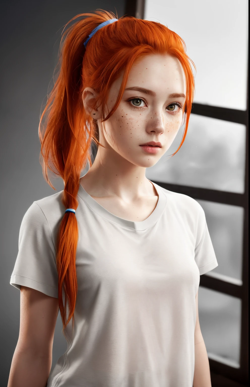 (8k, RAW photo, highest quality),(epic realistic:1.5), a girl, dynamic posture,erotic face,shirt,(detailed eyes:0.8),(looking at the camera:1.4), (highest quality), (best shadow),intricate details,cinematic,((skin:1.4)),interior, (long ponytail ginger hair:1.3),dark studio,(hdr:1.5),detailed, muted colors, freckles