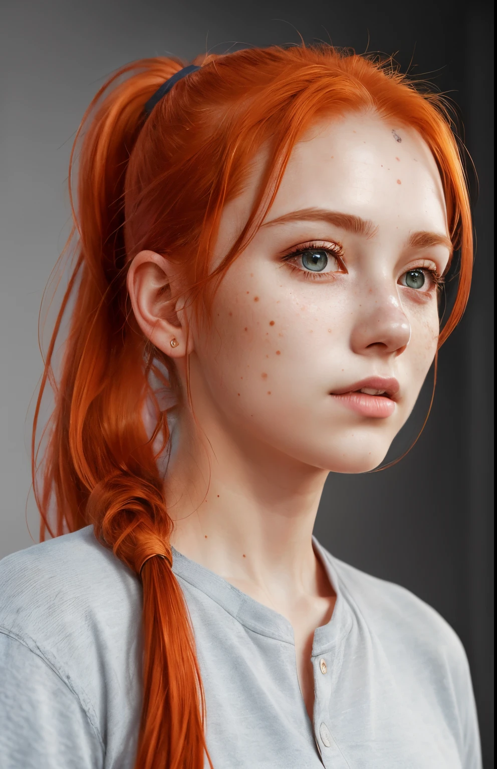 (8k, RAW photo, highest quality),(epic realistic:1.5), a girl, dynamic posture,erotic face,shirt,(detailed eyes:0.8),(looking at the camera:1.4), (highest quality), (best shadow),intricate details,cinematic,((skin:1.4)),interior, (long ponytail ginger hair:1.3),dark studio,(hdr:1.5),detailed, muted colors, freckles