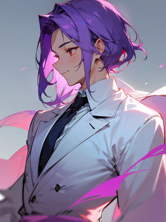 Ultra Detail,Haig Quality,sketch,1boy,matured male,Beautiful face,Purple hair,Handsome men,Pearl skin,White shirt,Red Eyes,Like a cat's eye,Male ager,Divine Generation、Project Sekai、Smiling、Draw the body from head to waist、Facing to the side、profile、Facing down