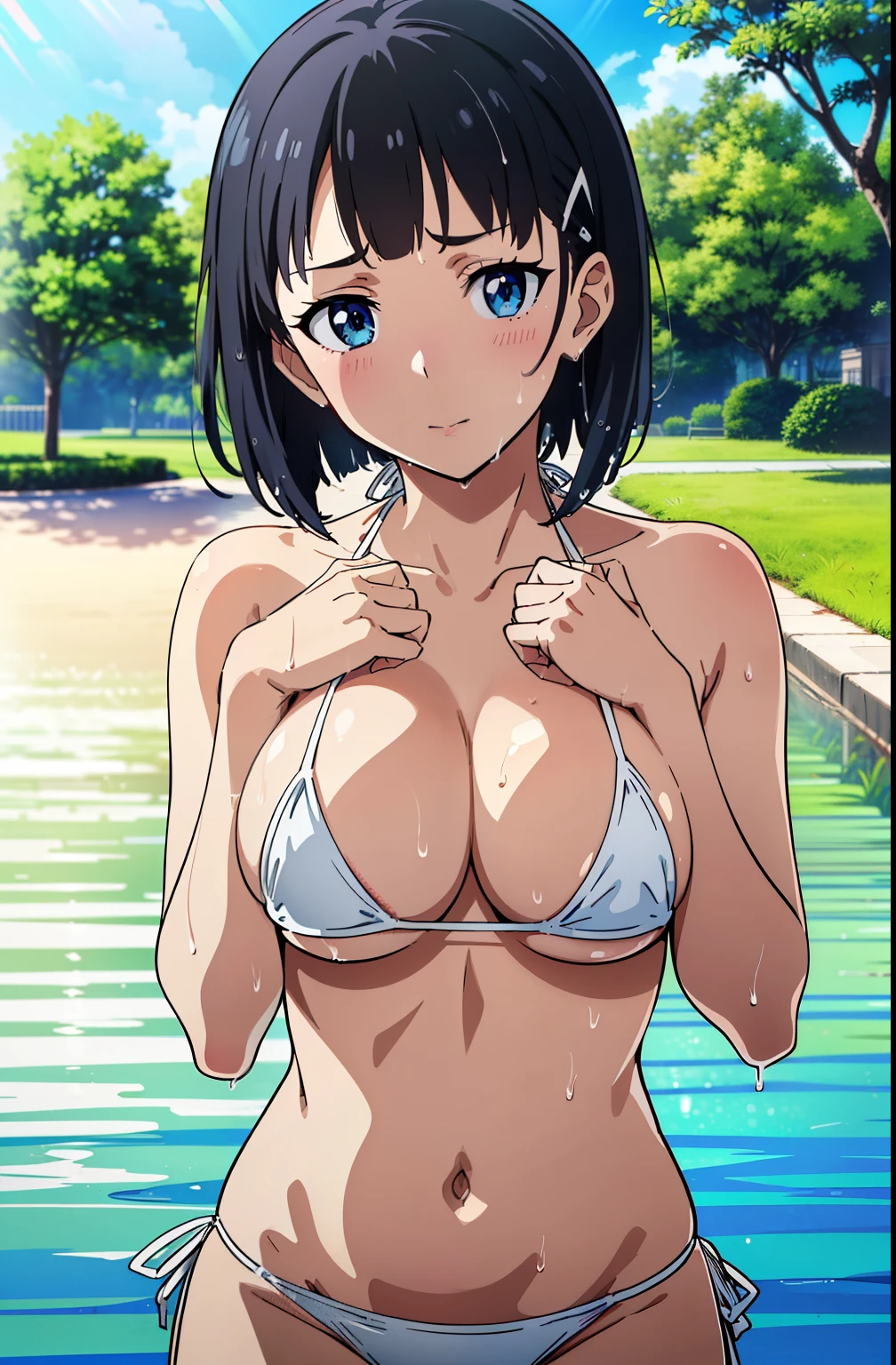 ((masutepiece, Best Quality, High resolution, extremely detailed 8K, Beautiful girl with a slender body, Ultra HD, Ultra-detailed, anime screen cap:1.3, anime colours:1.2)), suguha, (1girl in), (Black hair, bob cuts), emphasizing breasts, (Put your hands on your chest:1.5), facing at camera, (beautifull detailed face, Beautiful detailed eyes, Beautiful detailed body), (Oversized sagging breasts: 1.5), (White Micro Bikini, Thin material, Wet and sheer bikini):1.5, cleavage, bulging nipple:1.2, Upper body, Front camera work:1.5, Sweat, (Sunlight), a park, (thick outline, Beautiful outlines, black outlines)