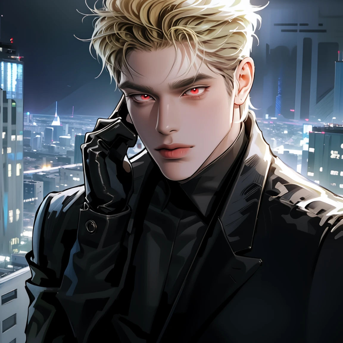 (masterpiece, high quality, best quality), (((solo))), mature man with blond short hair and blue eyes, short blond hair, (((pale skin))), blue eyes, mafia leader, classic black suit , black leather gloves, ((perfect male body)), ideal face, ((masculine)), mature man, adult, 1 man, night neon city, modern, background, outdoor scenery, serene, symmetry, detailed outfit , pixiv, sharp focus, photorealistic, super detailed, cowboy shot