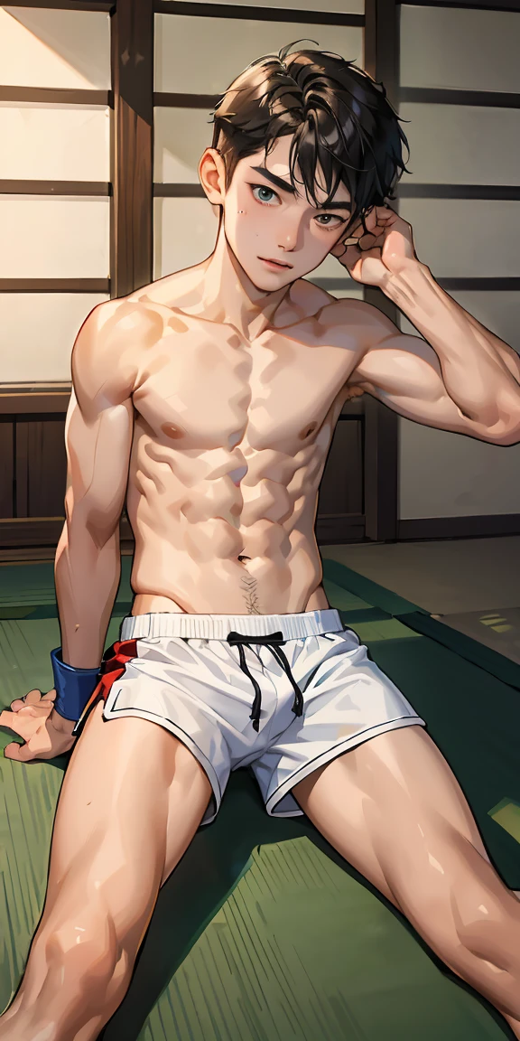 (masterpiece, Best Quality),The whole body of boy, boy, sit on tatami, Muay thai, tiny shorts, white shiny shorts, bulge, topless