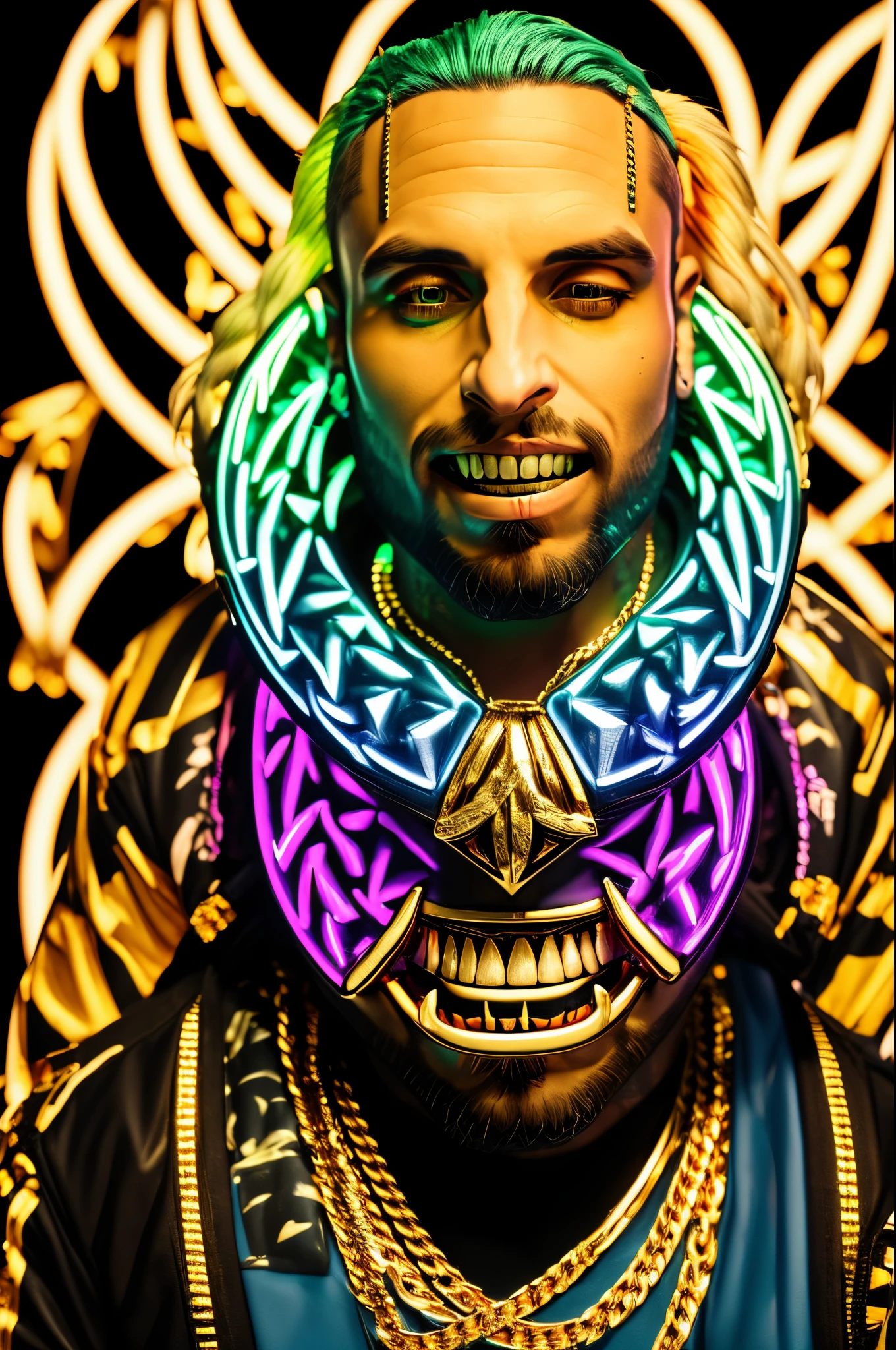 neon colors, (((Showing gold teeth))) iced out grill, riff raff drip (MALE FOCUS)