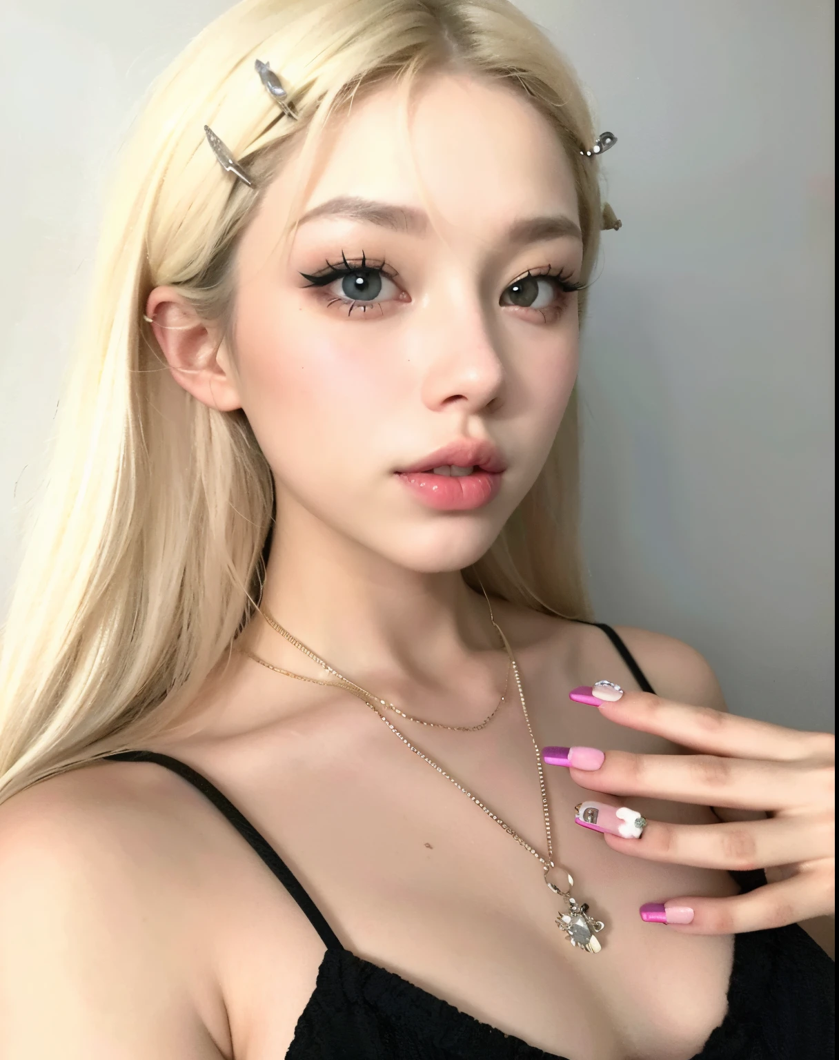 Woman with long blonde hair and a black top posing for a photo, dulce conejita ultrarrealista, Hermosa Delphine, realistic kawaii portrait, pale milky white porcelain skin, pale porcelain white skin, Sexy face with full makeup, with long hair and piercing eyes, Long blonde hair and big eyes, Hyperrealistic anime, Long blonde hair and big eyes, cruel korean goth girl