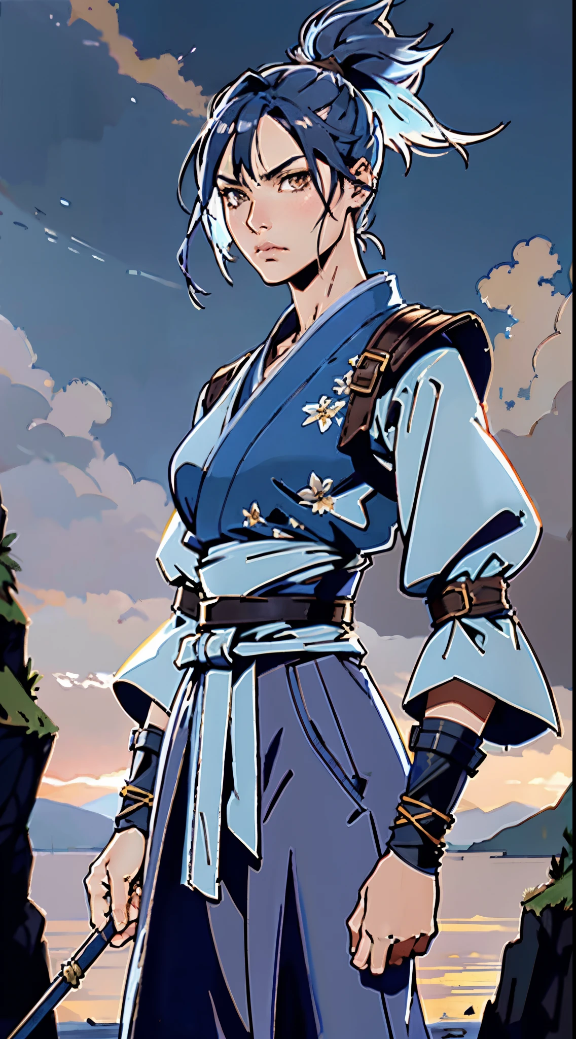 A young women, indigo blue hair, raised and fluffy short hairstyle, sharp gaze, a serious expression, a fantasy martial arts style sky-blue fabric kung fu outfit, tattered sleeves, hands wrapped with cords, a linen belt tied around the waist, coarse fabric trousers, on the cliff in the darkness of the night, this character embodies a finely crafted fantasy martial arts-style fighter in anime style, exquisite and mature manga art style, high definition, best quality, highres, ultra-detailed, ultra-fine painting, extremely delicate, professional, anatomically correct, symmetrical face, extremely detailed eyes and face, high quality eyes, creativity, RAW photo, UHD, 8k, Natural light, cinematic lighting, masterpiece-anatomy-perfect, masterpiece:1.5