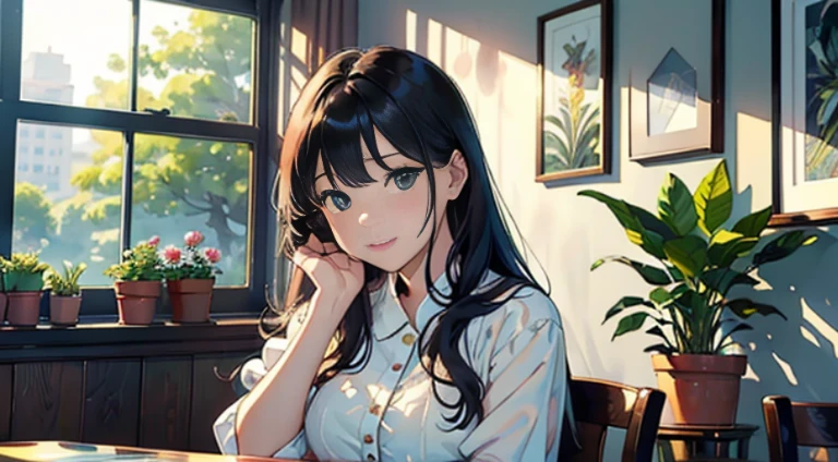 ((Watercolor in Sargent style))、(top-quality、masterpiece)、超A high resolution、high-detail、(David Hamilton Style)、(softfocus)、Soft light、1人の女性、20yr old、take care of flowers、classic one-piece uniform、A stunning、Short black hair、Bunching hair、Crisp face、cute face、(detailed face depiction)、Detailed eyes、Medium-sized breasts、The store sells green plants, The main entrance is glazed., The windows are made of glass, On the window shelves there are potted plants and flowers、Quiet moments、Vintage atmosphere、Fascinating beauty、Lush green environment、Side table、Flowers on the windowsill、teapot、florals、houseplant、