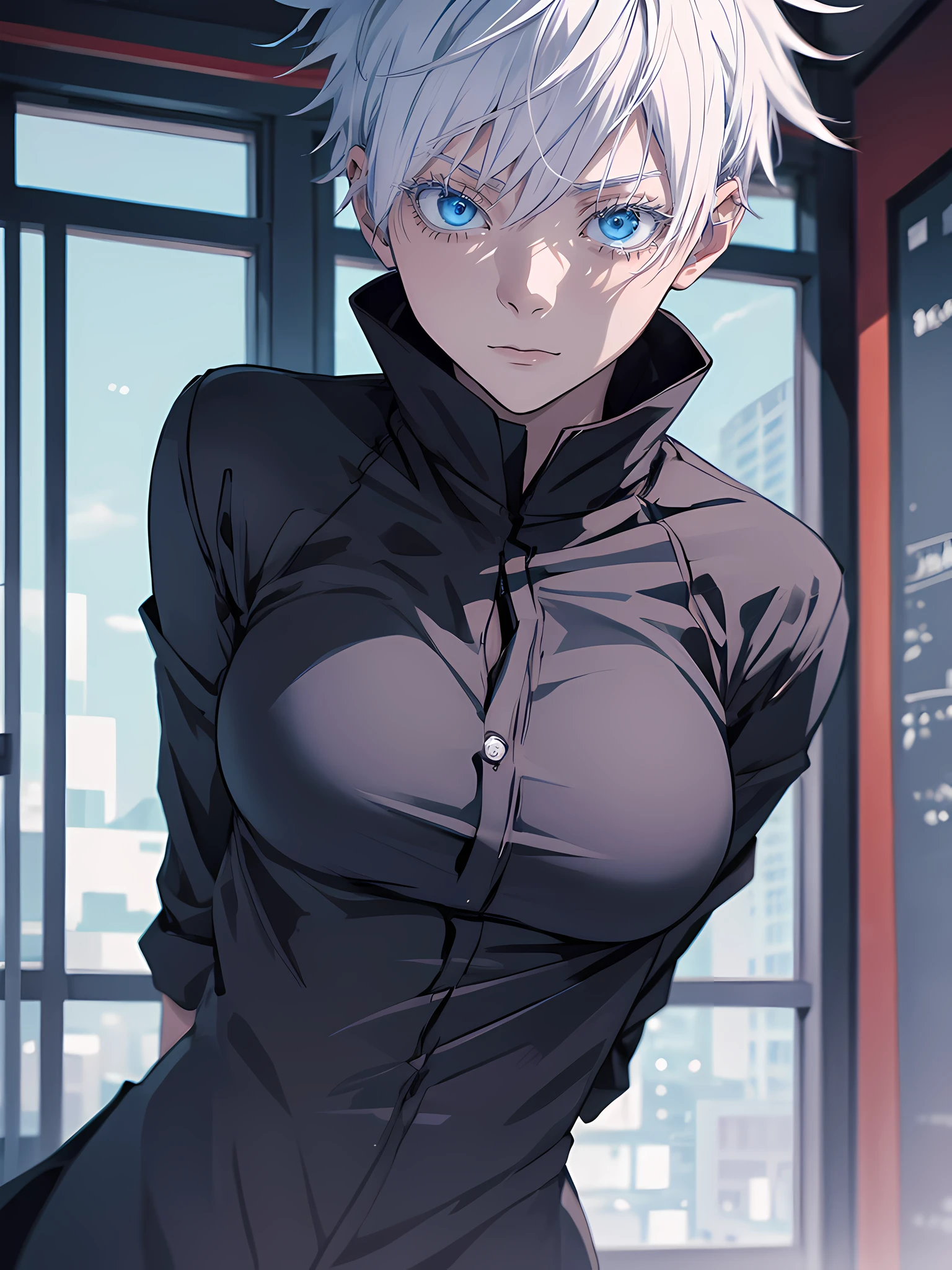 Woman, famale version, female, solo, alone, jujutsu kaisen, white hair, white eyebrows, white eyelashes, light blue eyes, detailed eyes, wearing black shirt, black clothing, classroom, high quality, 4k resolution, anime