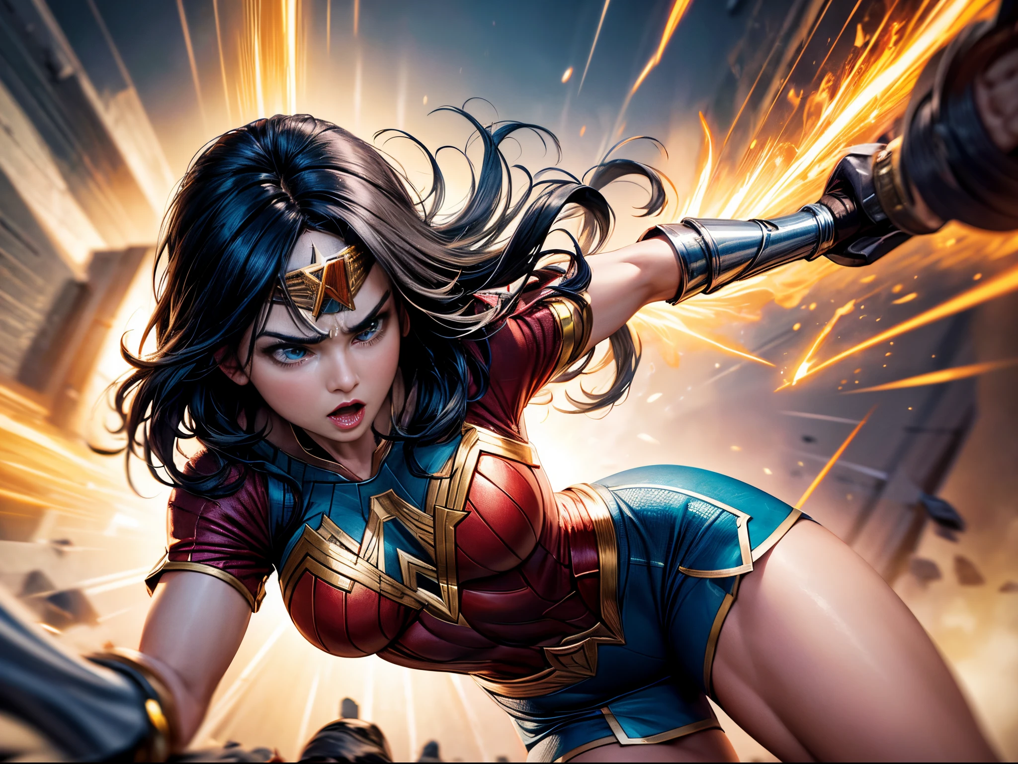 (wonderwoman,action,motion,fluid,energetic,multiple iterations,visually dynamic,captivating composition,plex) , (best quality,4k,highres),(realistic:1.37),(HDR,UHD),(studio lighting,sharp focus),(vivid colors),fluid movements,in motion,heroic pose,dynamic background,expressive face,strong and confident,blurred motion,multiple images overlapping,electrifying energy,forceful and impactful,motion lines,speed effect,rippling effect,superhero strength,eye-catching,attention-grabbing,sleek and powerful,stylized visuals,multiple perspectives,comic book vibes,bold and intense color scheme,moving and dynamic,dominant presence,superhuman abilities,empowering and inspiring,action-packed,extraordinary woman,transformational journey,unstoppable force,iconic superhero attire,awe-inspiring power,striking visuals.