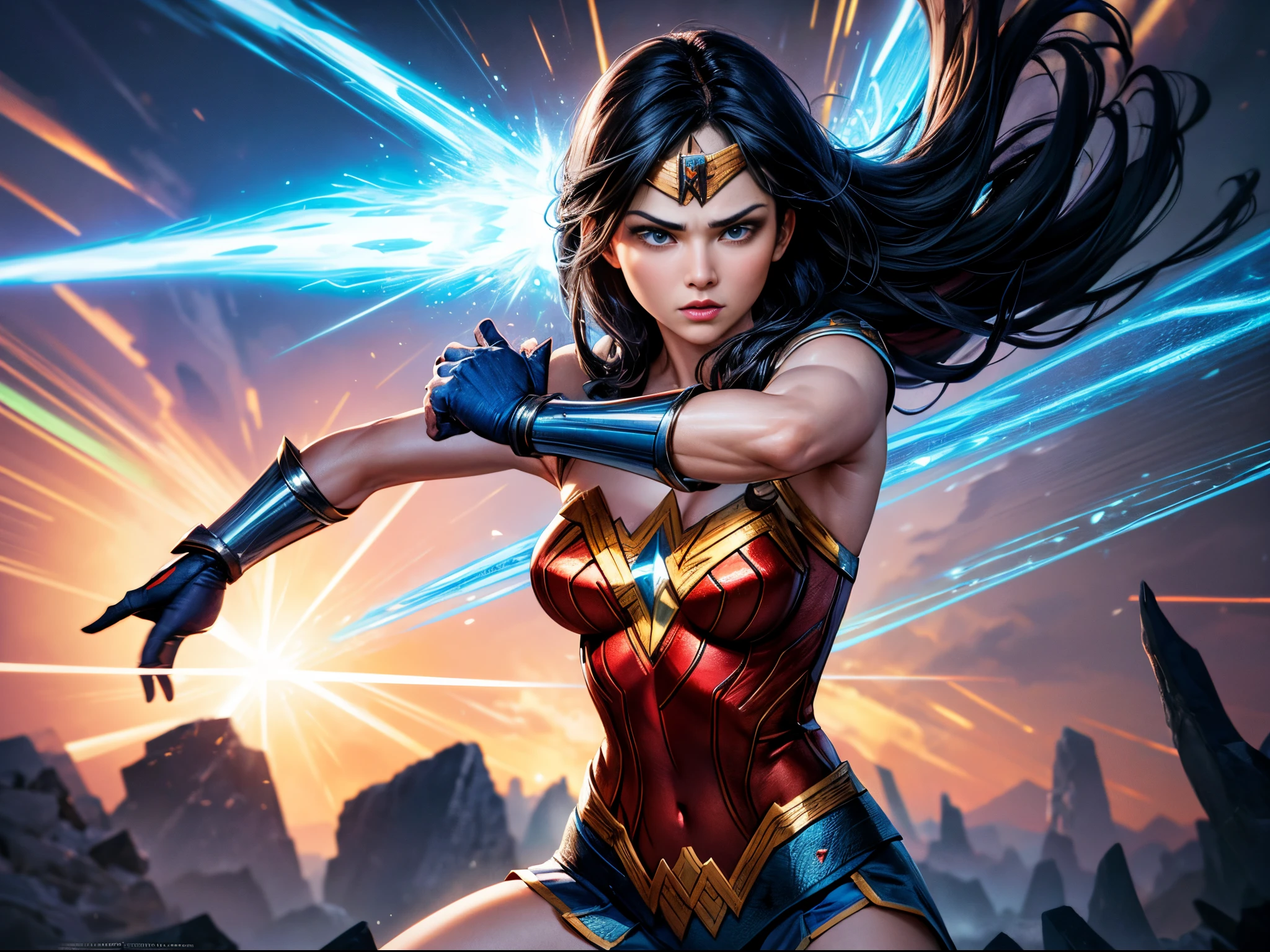 (wonderwoman,action,motion,fluid,energetic,multiple iterations,visually dynamic,captivating composition,plex) , (best quality,4k,highres),(realistic:1.37),(HDR,UHD),(studio lighting,sharp focus),(vivid colors),fluid movements,in motion,heroic pose,dynamic background,expressive face,strong and confident,blurred motion,multiple images overlapping,electrifying energy,forceful and impactful,motion lines,speed effect,rippling effect,superhero strength,eye-catching,attention-grabbing,sleek and powerful,stylized visuals,multiple perspectives,comic book vibes,bold and intense color scheme,moving and dynamic,dominant presence,superhuman abilities,empowering and inspiring,action-packed,extraordinary woman,transformational journey,unstoppable force,iconic superhero attire,awe-inspiring power,striking visuals.