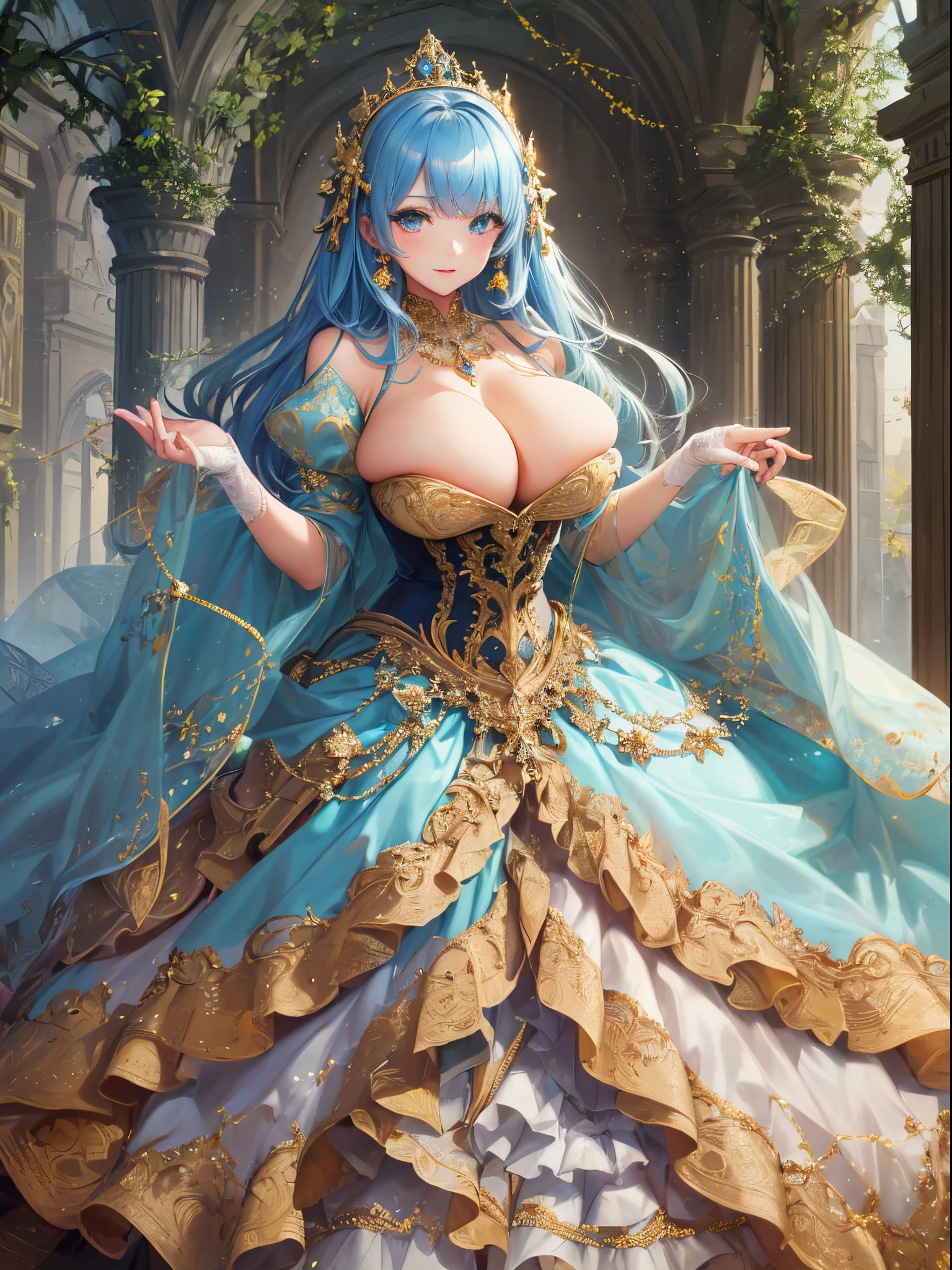 ultra-detailed, extremely detailed,((anime artstyle)),Masterpiece,(Best Quality),(Super Detail),(Very Delicate and Beautiful),((Solo)),((full body)),full body,((detailed face and eyes)),perfect eyes, rendered eyes,jewel-like beautiful eyes,((1 princess in beautiful embroidery and jeweled gorgeous rococo ballgown with frilled voluminous full length hoop skirt)),((Crinoline)),beautiful embroidery and jeweled gorgeous rococo ballgown with frilled voluminous full length hoop skirt,(large amount of straight hair,extremely voluminous Very Long straight Hair,Absolutely Long Straight Hair),sparkly skin,(((very gigantic boobs))),cleavage,(fantasy castle,outdoors,outside the castle),long_gloves,extremely gorgeousfull jeweled hair ornament,(bling-bling extremely gorgeousfull jeweled tiara),(luxurious jewelry),full body,beautiful embroidery and jeweled gorgeous rococo ballgown with frilled voluminous full length hoop skirt
