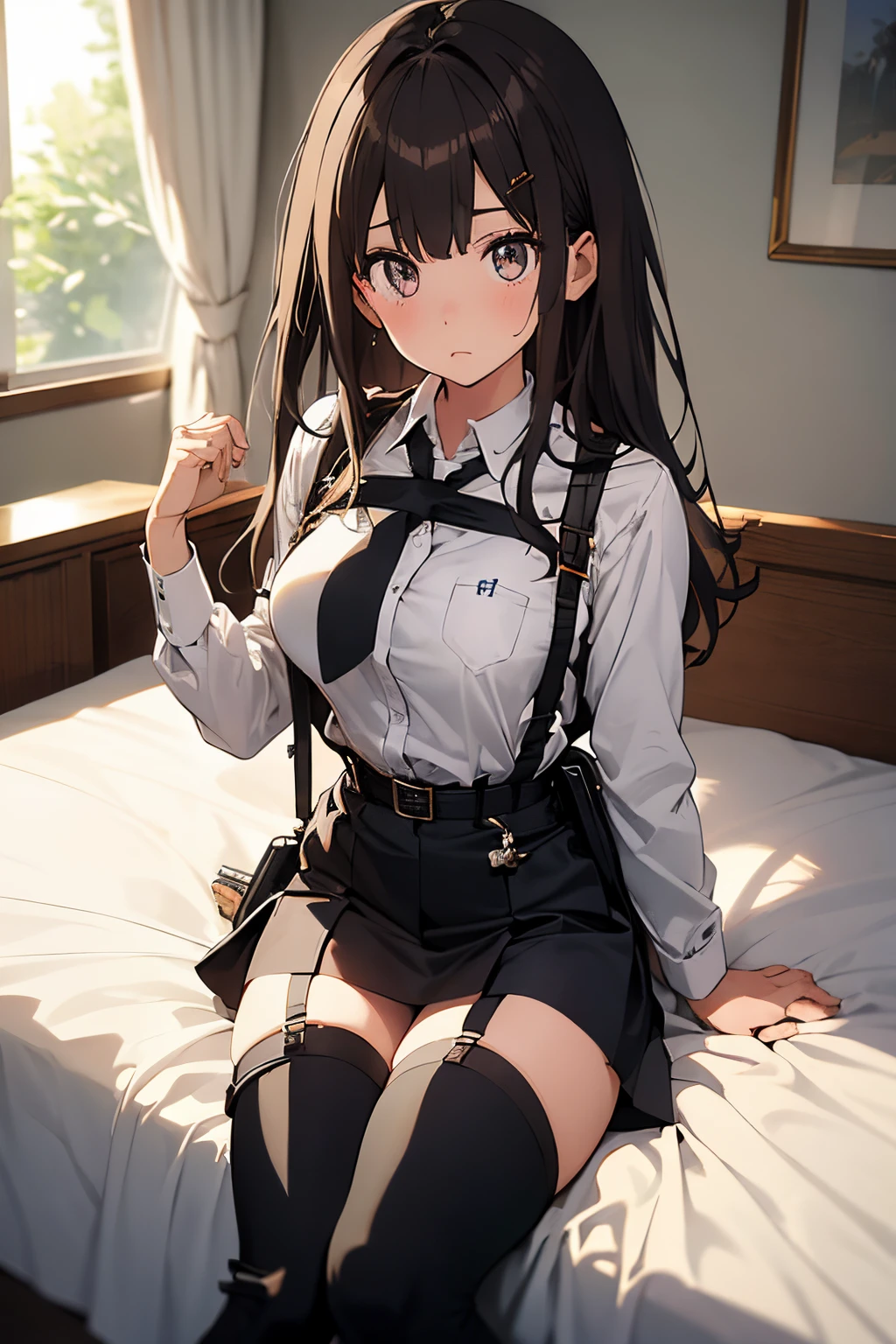 ​masterpiece、flat-colors、depth of fields、lens flare 1 girl、、Brown hair、watching at viewers　　　black suspenders　　　Bulging big breasts　　 　 　　　walls: 　Black miniskirt　garters　　　　　　Gaze　　　Small face　bangss 　　　holster　　Belt Armament　Beautuful Women　srestrained　hands up　Lying in bed　Leg holster lying on the bed　　Gaze