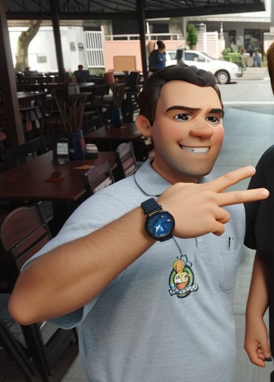homem pequeno, grande sorriso, grandes olhos castanhos escuros bem definidoa,  camisa cinza clara , Da Disney Pixar's Up (2009), close - retrato facial de cima, Como um personagem da Pixar, Personagem ideal da Pixar, Representado como um personagem da Pixar, personagem pixar, personagem pixar bonito, Anato Finnstark. Pixar, em cima, quadro do filme pixar, design de personagem bonito pixar, animation film