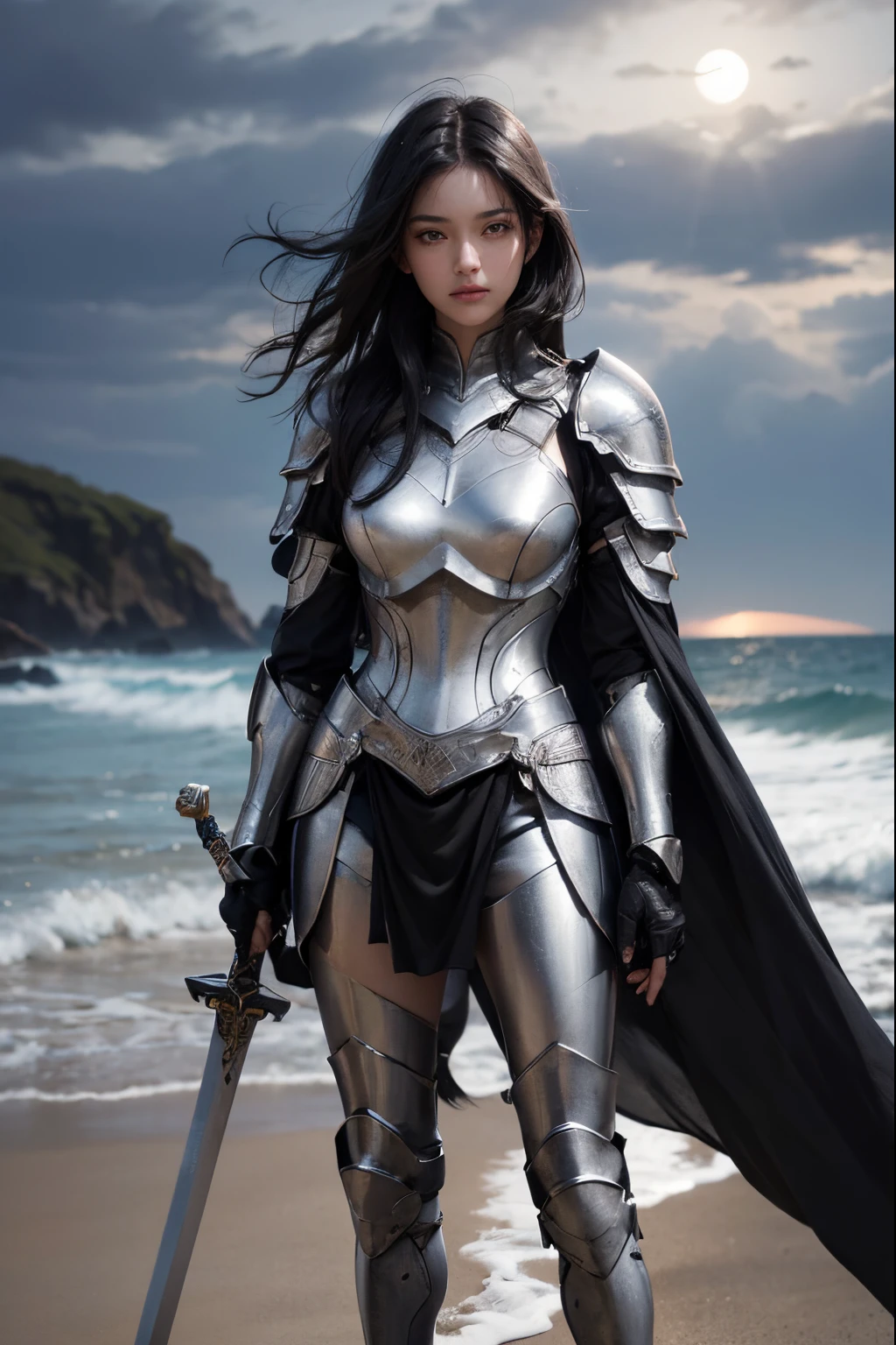 A challenging look.Upper body close-up image.A beautiful silver-white woman wearing full body armor. Black hair. black eyes. He has a good-looking face. She is standing on the beach, the moonlight shining on her. She is holding a long sword towards the camera.