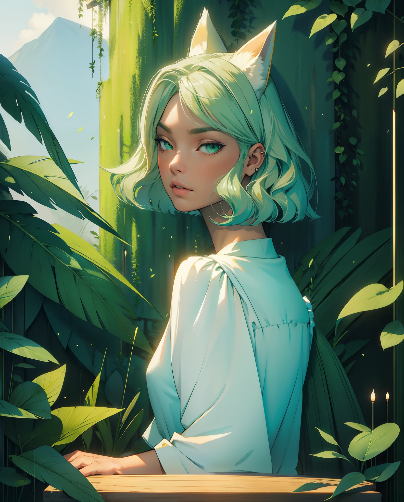 masterpiece, best quality,ultra-detailed,hyper details, cinematic light,, 1girl, solo, sit, outdoor, summerhouse, sitting in the summerhouse,  plants, table, chandelier, candle, wind, green eyes, pan-green silver hair, short hair, animal_ears, animal_ear_fluff, floating hair, light, light frown, profile,looking at viewer, eye contact