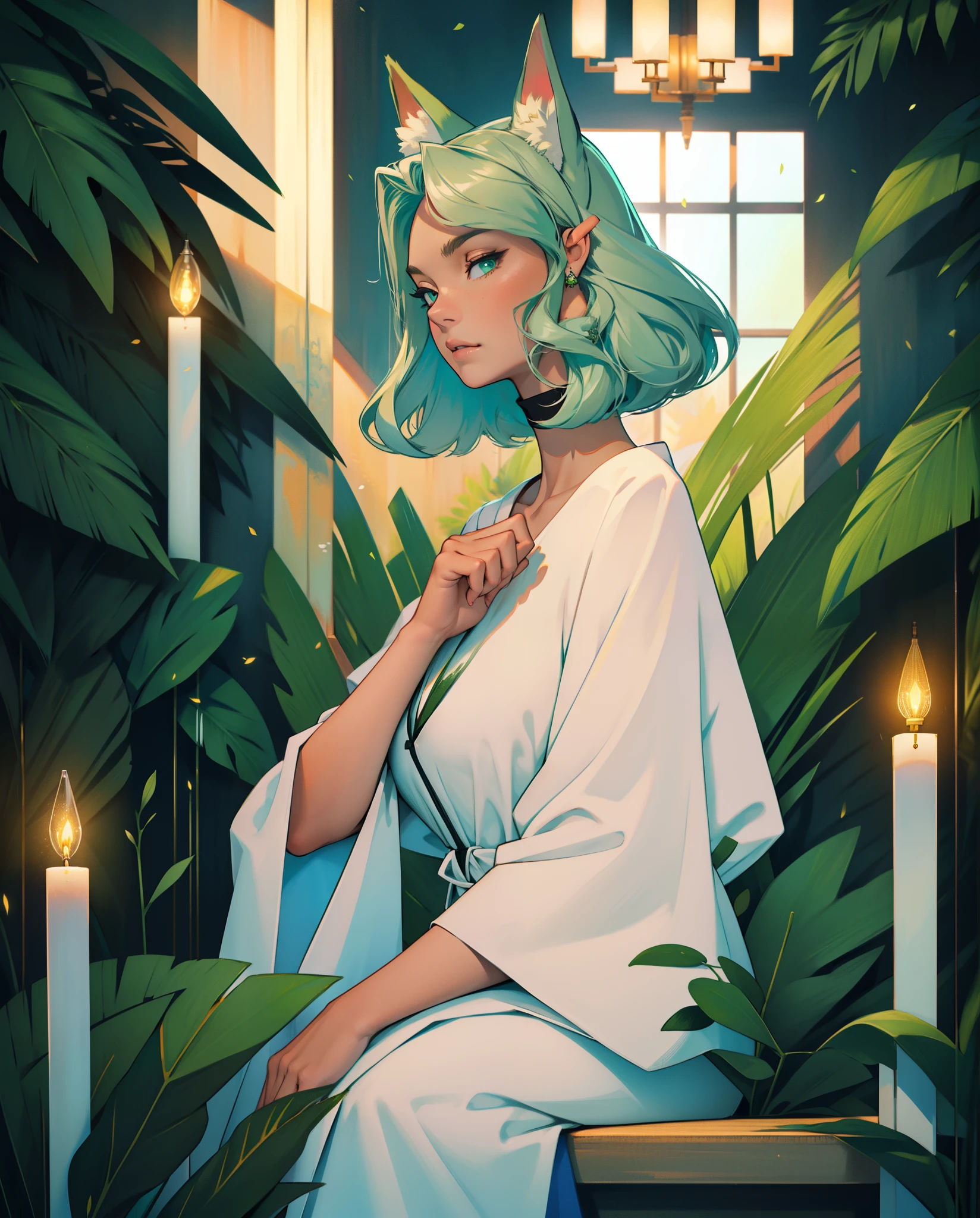 masterpiece, best quality,ultra-detailed,hyper details, cinematic light,, 1girl, solo, sit, outdoor, summerhouse, sitting in the summerhouse, plants, table, chandelier, candle, wind, green eyes, pan-green silver hair, short hair, animal_ears, animal_ear_fluff, floating hair, light, light frown, profile,looking at viewer, eye contact