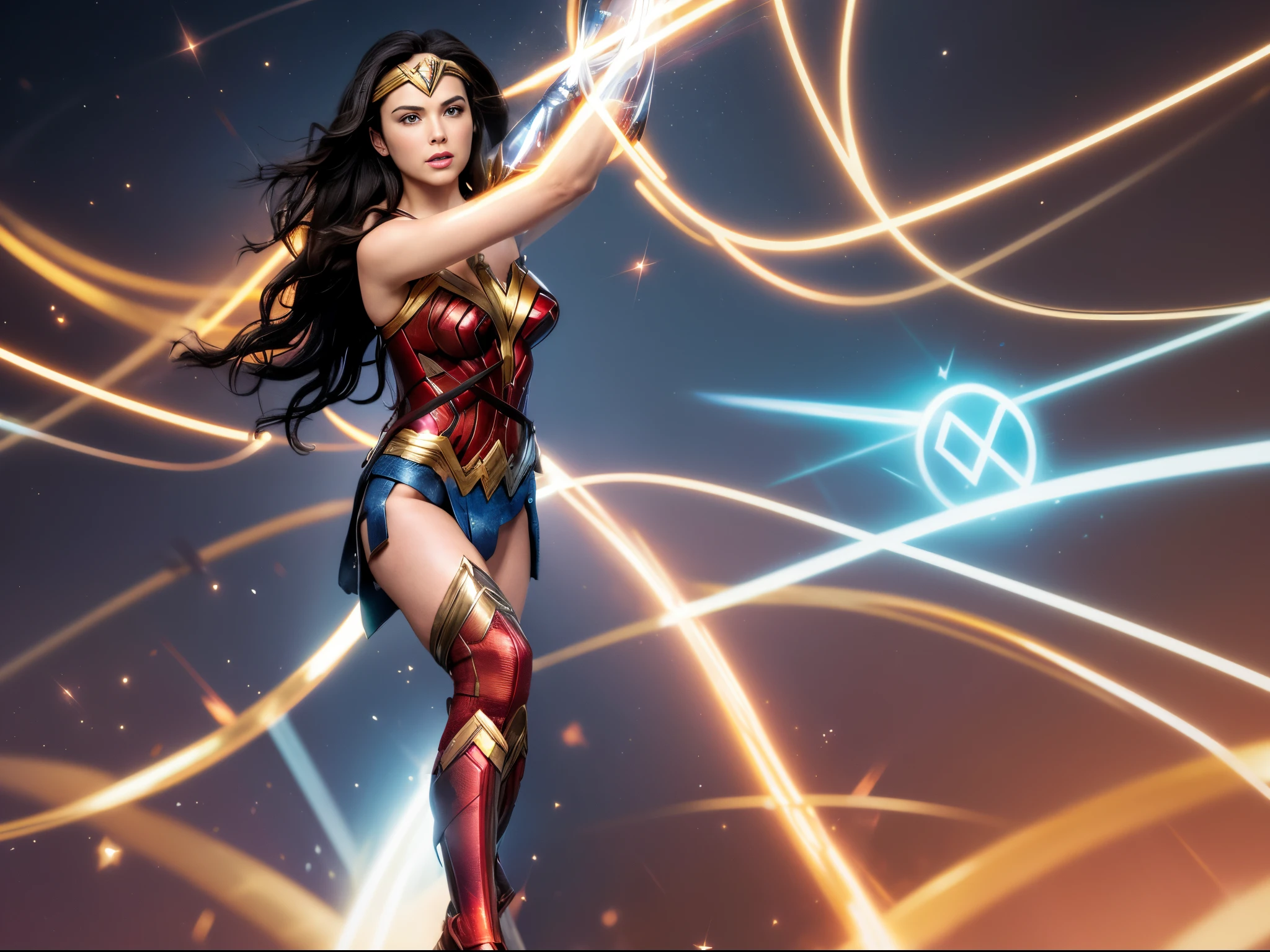 Capture the dynamic energy of Wonder Woman in a state of flux, with multiple iterations in motion, creating a visually dynamic and captivating composition within Plex.