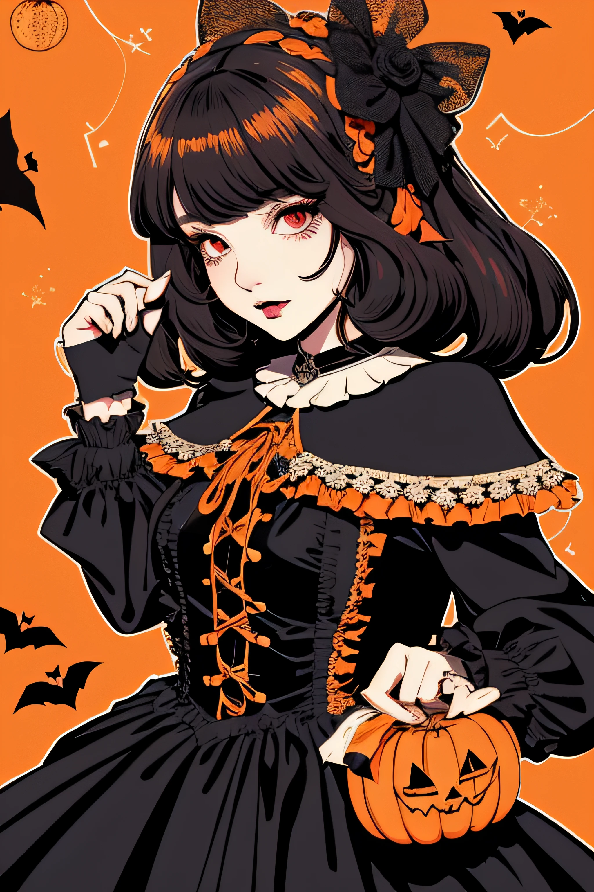 Beautiful Hardcore Illustration homepage illustration style, dark, high resolution, hard touch illustration, strong outline, two girls, gothic & ta style, gothic & loliashion, 8k, American comic style, colorful background, Hiroyuki Nagasaka, aggressive, beautiful face, cool beauty, dress, beauty style, orange color, battle, Hard illustration, orange colored hair, Two persons, rose, backwards, Halloween small monster, Halloween, pumpkin, cloak,