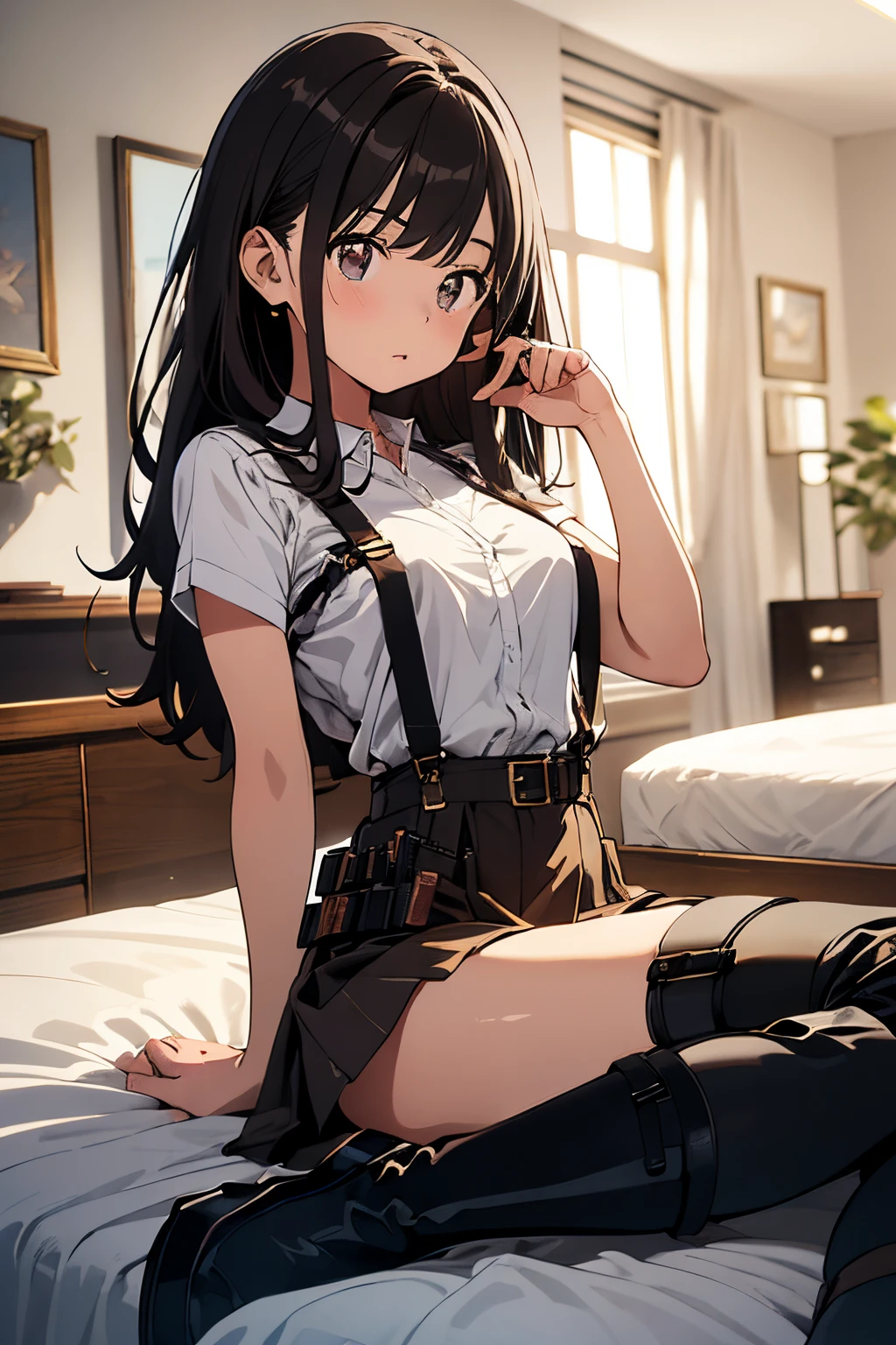 ​masterpiece、flat-colors、depth of fields、lens flare 1 girl、、Brown hair、watching at viewers　　　black suspenders　　　Bulging big breasts　　 　 　　　walls: 　Black miniskirt　garters　　　　　　Gaze　　　Small face　bangss 　　　holster　　Belt Armament　Beautuful Women　srestrained　hands up　Lying in bed　Leg holster lying on the bed　　Gaze 　Black boots