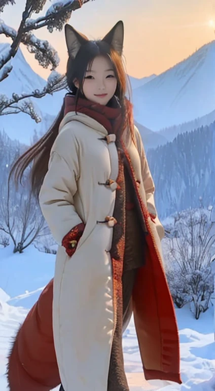 (tmasterpiece, Best quality at best: 1.2), ultra - detailed, A beautiful and moving nine tailed fox demon, with an Asian girl's face and a close-up of her whole body, revealing the fox's tail,, Walking from the snowy mountains,, Full Length Shot(FLS), chinese style, Global illumination, depth of field (dof) --v 5.1