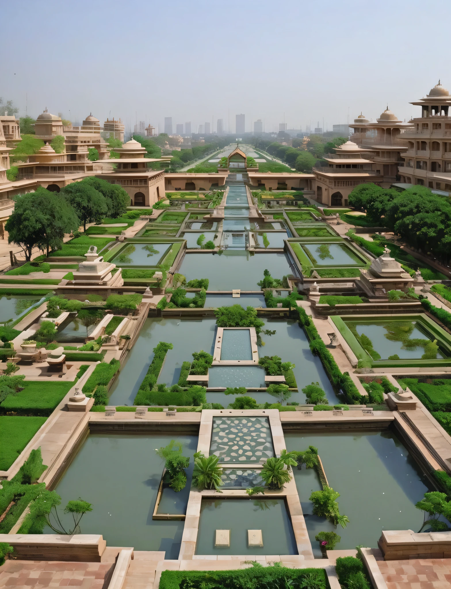 View of a large garden with plenty of water, royal garden landscape, Beautiful futuristic New Delhi, Gardens and fountains, Beautiful Eden Garden, royal garden background, The Empress's Swirling Garden, Top, Spread out in a magnificent courtyard, segment々Orchards and ponds that have become, Celestial Garden, fountain and arch, well-organized garden, elegant walkways between towers, The fountain