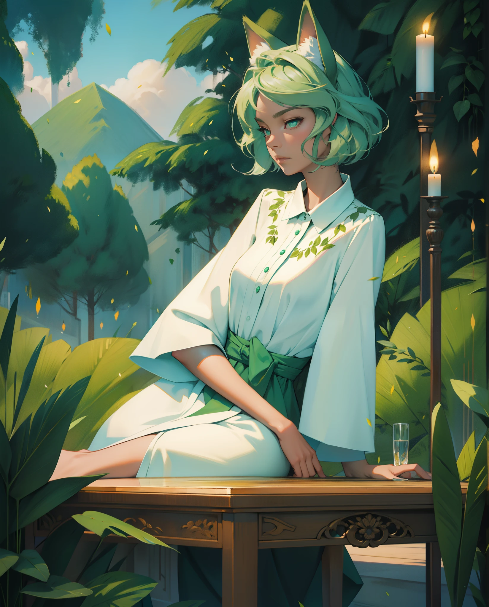 masterpiece, best quality,ultra-detailed,hyper details, cinematic light,, 1girl, solo, sit, outdoor, summerhouse, sitting in the summerhouse, plants, table, chandelier, candle, wind, green eyes, pan-green silver hair, short hair, animal_ears, animal_ear_fluff, floating hair, light, light frown, profile,looking at viewer, dynamic_angle