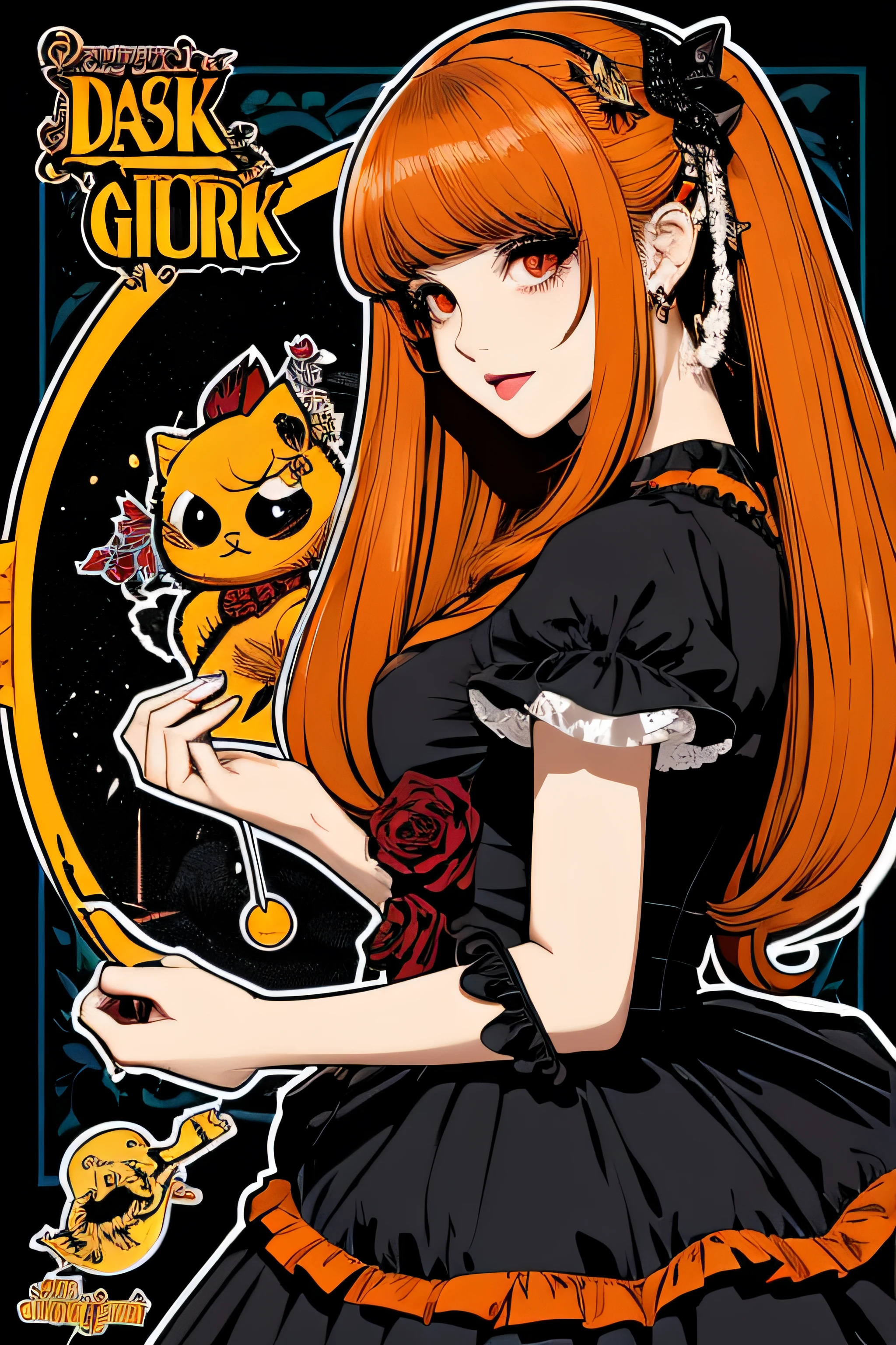 Beautiful Hardcore Illustration homepage illustration style, dark, high resolution, hard touch illustration, strong outline, two girls, gothic & lolita style, gothic & lolita fashion, 8k, American comic style, colorful background, Hiroyuki Nagasaka, aggressive, beautiful face, cool beauty, dress, beauty style, orange color, battle, Hard illustration, orange colored hair, Two persons, rose, backwards, Halloween small monster, Halloween, pumpkin, cloak,