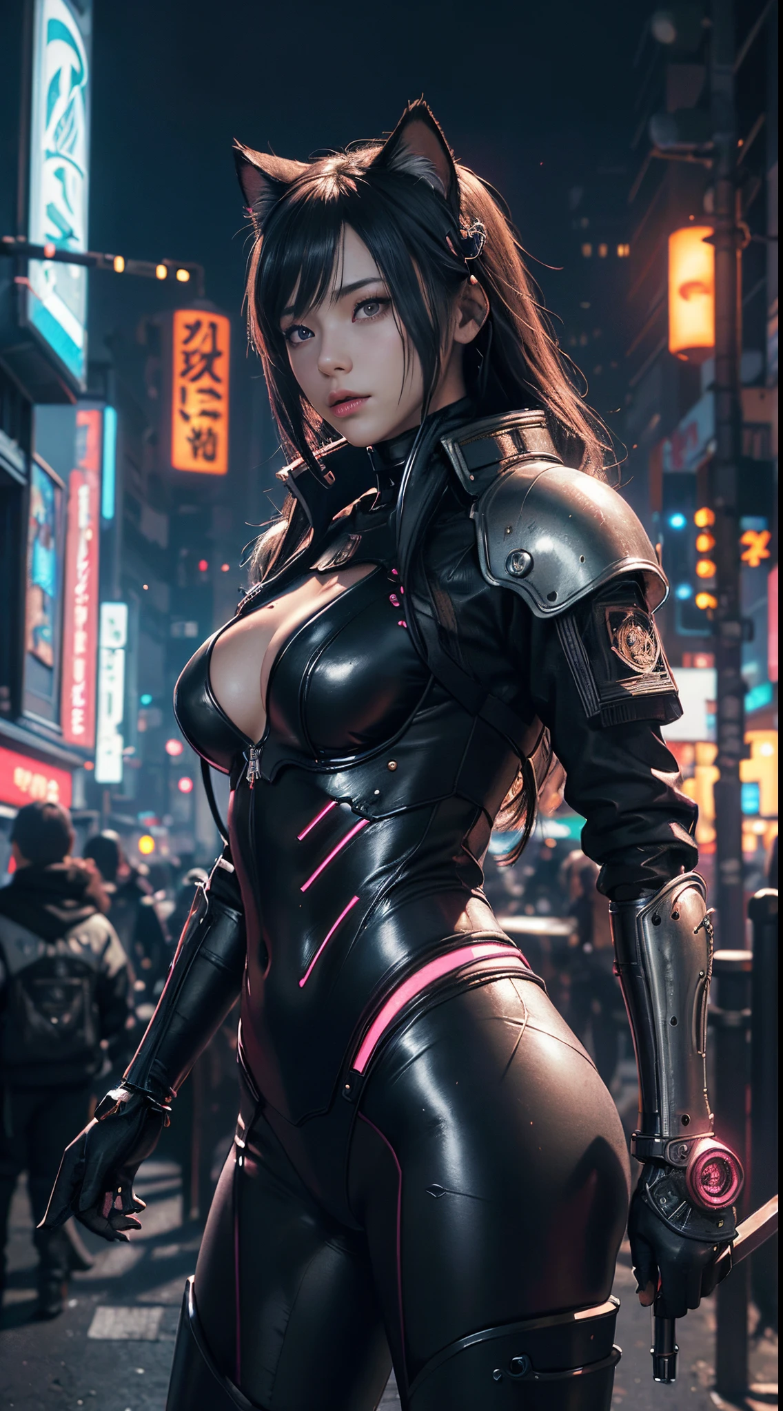 Beautiful photograph of Reika Shimohira as a Nekomata catgirl, slender body, slender hips, big breasts, wearing full ((heavy cyberpunk armor)) with neon trim, (colorful tech jacket)), cat ears, cat tail, science fiction, cyberpunk city in the background, Gantz, In the Style of Cyberpunk 2077, Ultra realistic photo, masterpiece, best quality, CG, wallpaper, HDR, high quality, high-definition, extremely detailed, {beautiful detailed face}, {beautiful detailed eyes}, (detailed light){{intricate detail}}, {highres}, ((detailed face)), neon light, chiaroscuro, key visual, intricate detail, highly detailed, breathtaking, vibrant, cinematic