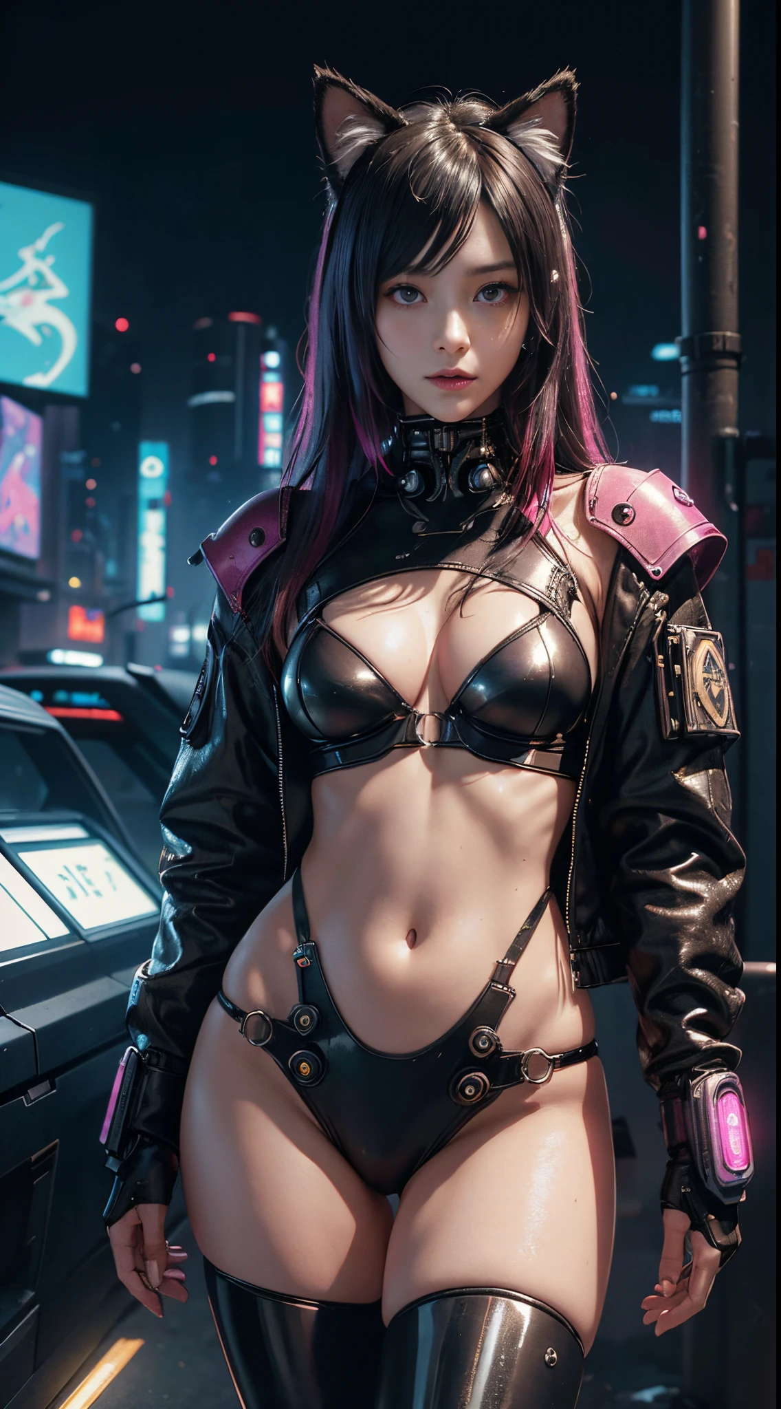 Beautiful photograph of Reika Shimohira as a Nekomata catgirl, slender body, slender hips, big breasts, wearing full ((heavy cyberpunk armor)) with neon trim, (colorful tech jacket)), cat ears, cat tail, science fiction, cyberpunk city in the background, Gantz, In the Style of Cyberpunk 2077, Ultra realistic photo, masterpiece, best quality, CG, wallpaper, HDR, high quality, high-definition, extremely detailed, {beautiful detailed face}, {beautiful detailed eyes}, (detailed light){{intricate detail}}, {highres}, ((detailed face)), neon light, chiaroscuro, key visual, intricate detail, highly detailed, breathtaking, vibrant, cinematic