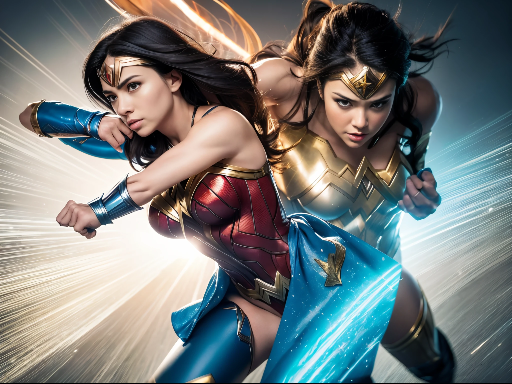 (wonderwoman,action,motion,fluid,energetic,multiple iterations,visually dynamic,captivating composition,plex) , (best quality,4k,highres),(realistic:1.37),(HDR,UHD),(studio lighting,sharp focus),(vivid colors),fluid movements,in motion,heroic pose,dynamic background,expressive face,strong and confident,blurred motion,multiple images overlapping,electrifying energy,forceful and impactful,motion lines,speed effect,rippling effect,superhero strength,eye-catching,attention-grabbing,sleek and powerful,stylized visuals,multiple perspectives,comic book vibes,bold and intense color scheme,moving and dynamic,dominant presence,superhuman abilities,empowering and inspiring,action-packed,extraordinary woman,transformational journey,unstoppable force,iconic superhero attire,awe-inspiring power,striking visuals.