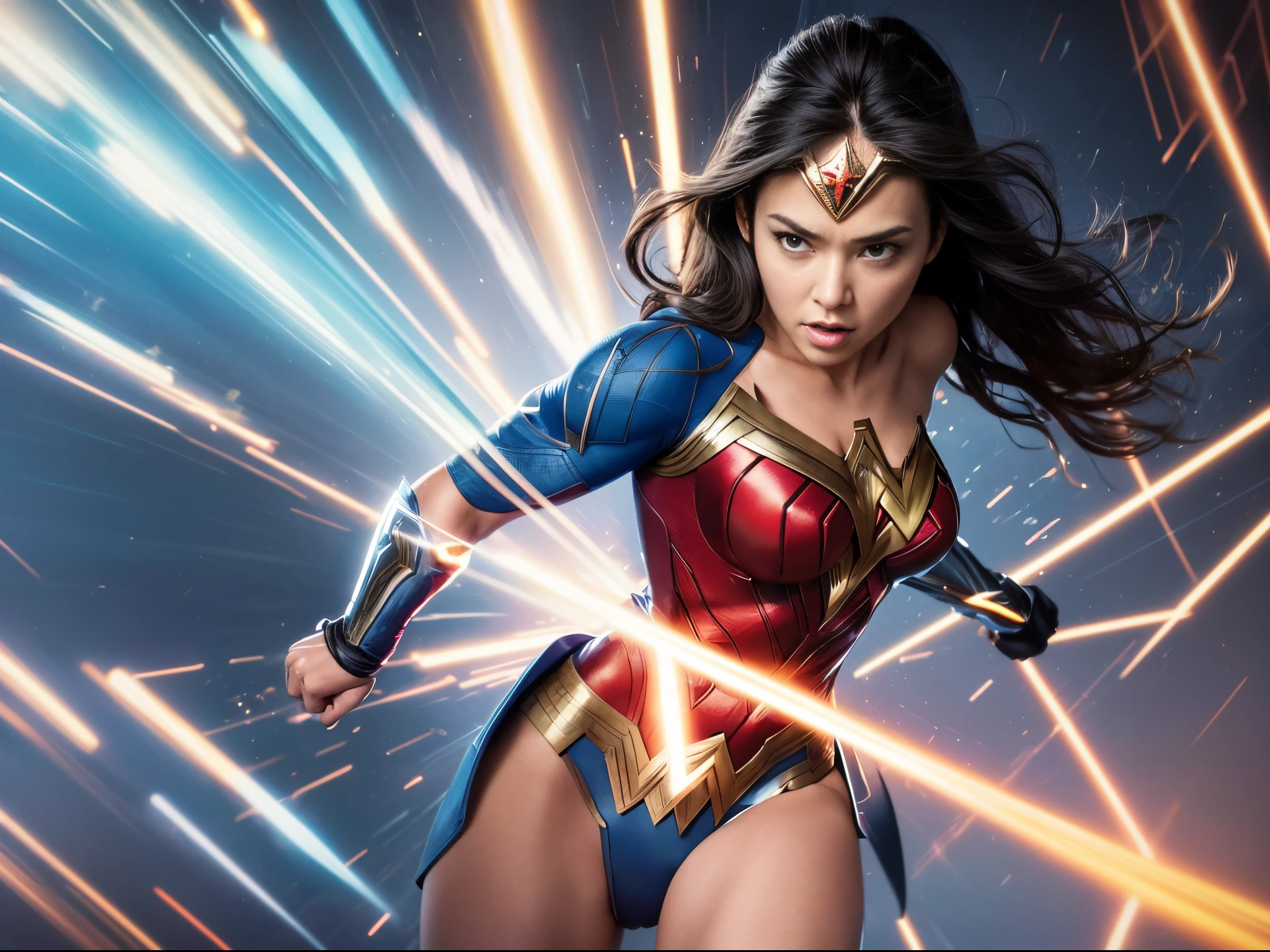 (wonderwoman,action,motion,fluid,energetic,multiple iterations,visually dynamic,captivating composition,plex) , (best quality,4k,highres),(realistic:1.37),(HDR,UHD),(studio lighting,sharp focus),(vivid colors),fluid movements,in motion,heroic pose,dynamic background,expressive face,strong and confident,blurred motion,multiple images overlapping,electrifying energy,forceful and impactful,motion lines,speed effect,rippling effect,superhero strength,eye-catching,attention-grabbing,sleek and powerful,stylized visuals,multiple perspectives,comic book vibes,bold and intense color scheme,moving and dynamic,dominant presence,superhuman abilities,empowering and inspiring,action-packed,extraordinary woman,transformational journey,unstoppable force,iconic superhero attire,awe-inspiring power,striking visuals.