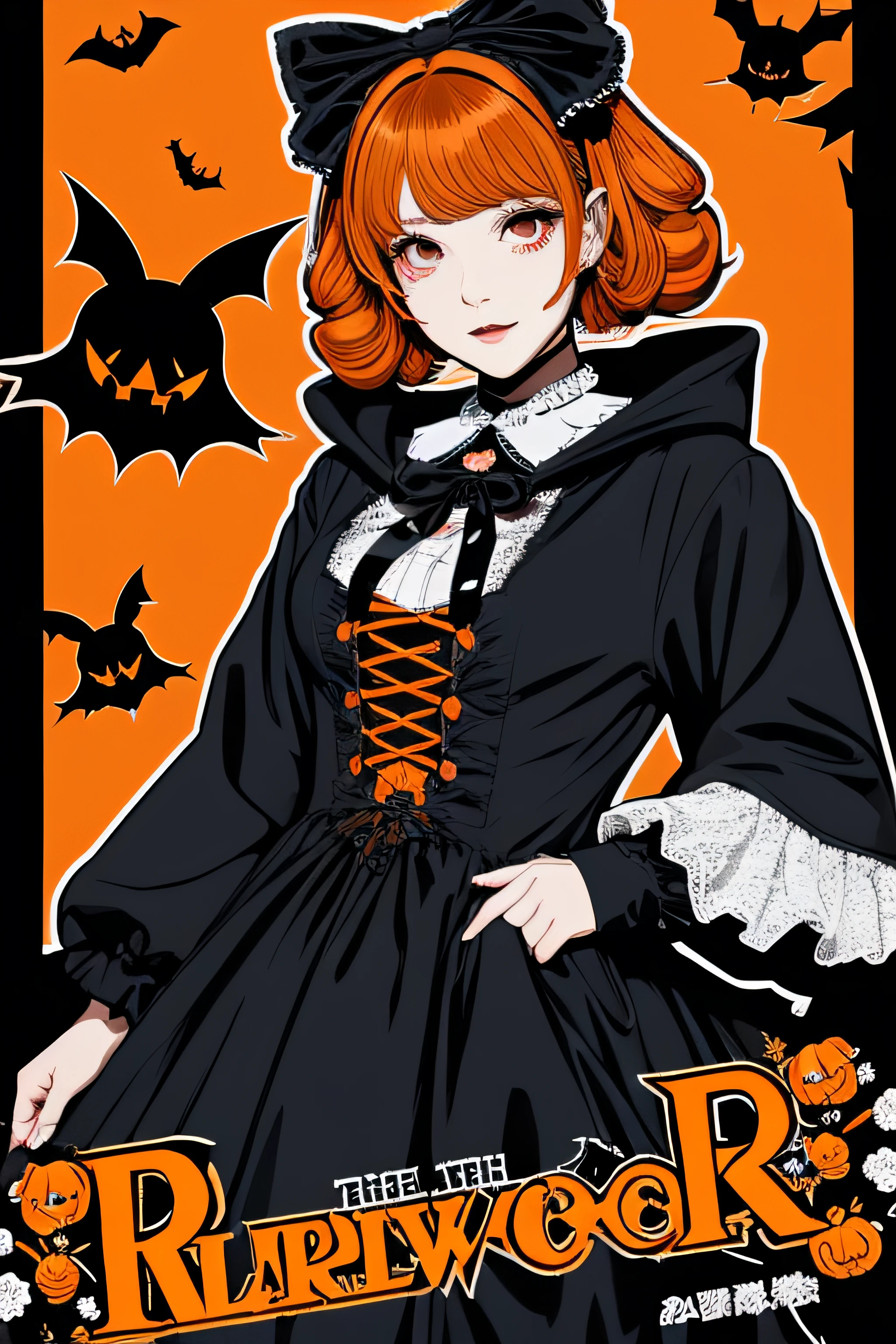 Beautiful Hardcore Illustration homepage illustration style, dark, high resolution, hard touch illustration, strong outline, two girls, gothic & lolita style, gothic & lolita fashion, 8k, American comic style, colorful background, Hiroyuki Nagasaka, aggressive, beautiful face, cool beauty, dress, beauty style, orange color, battle, Hard illustration, orange colored hair, Two persons, rose, backwards, Halloween small monster, Halloween, pumpkin, cloak,